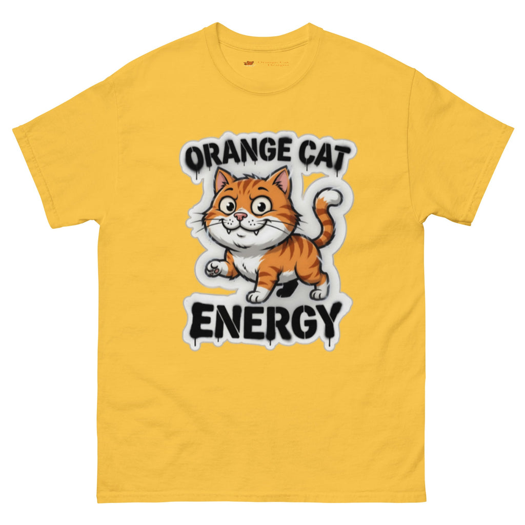 Orange Cat Energy tee — wide-eyed orange tabby mid-launch under drippy graffiti lettering