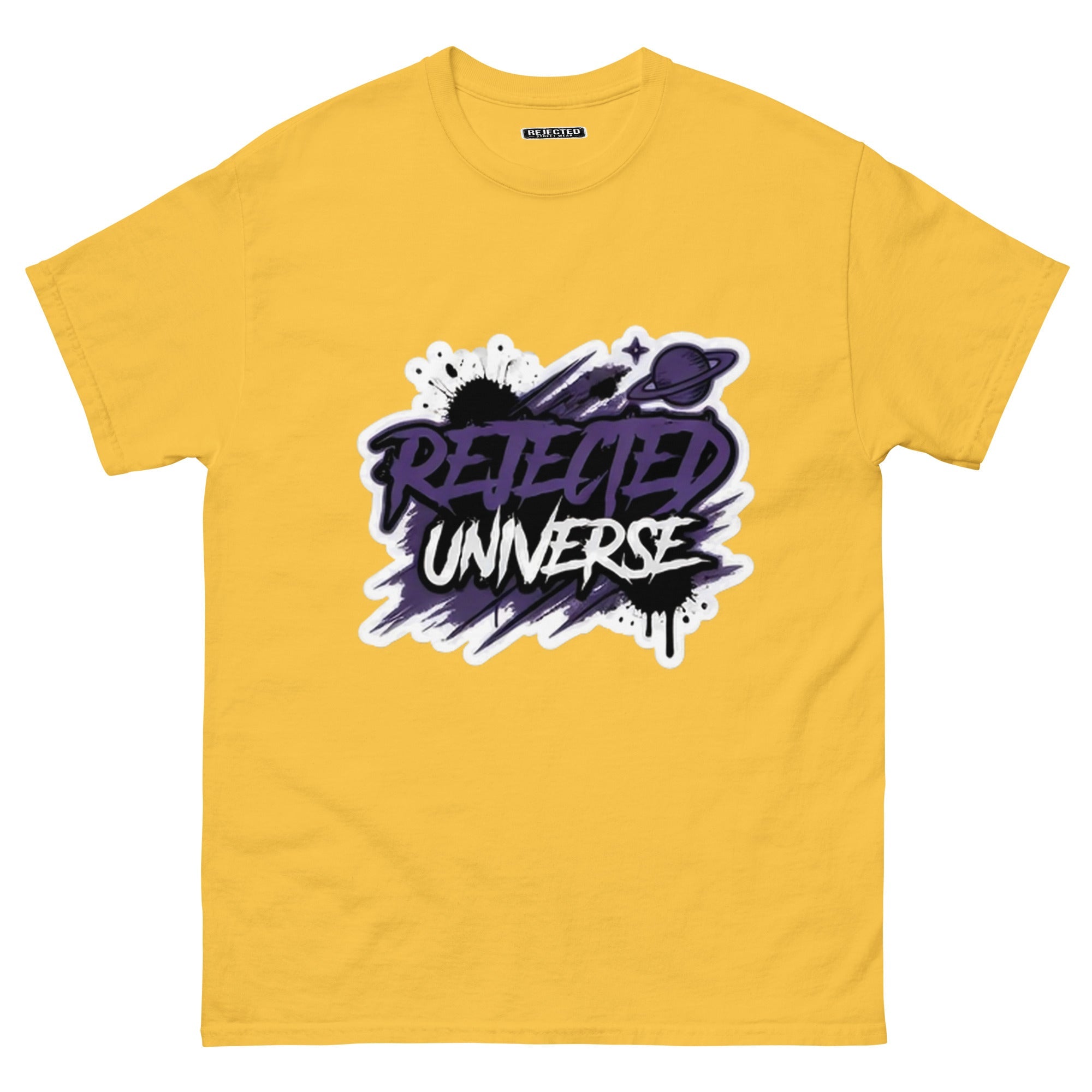 Rejected Universe logo tee in purple — leaning graffiti tag with an orbiting planet and spray splatter
