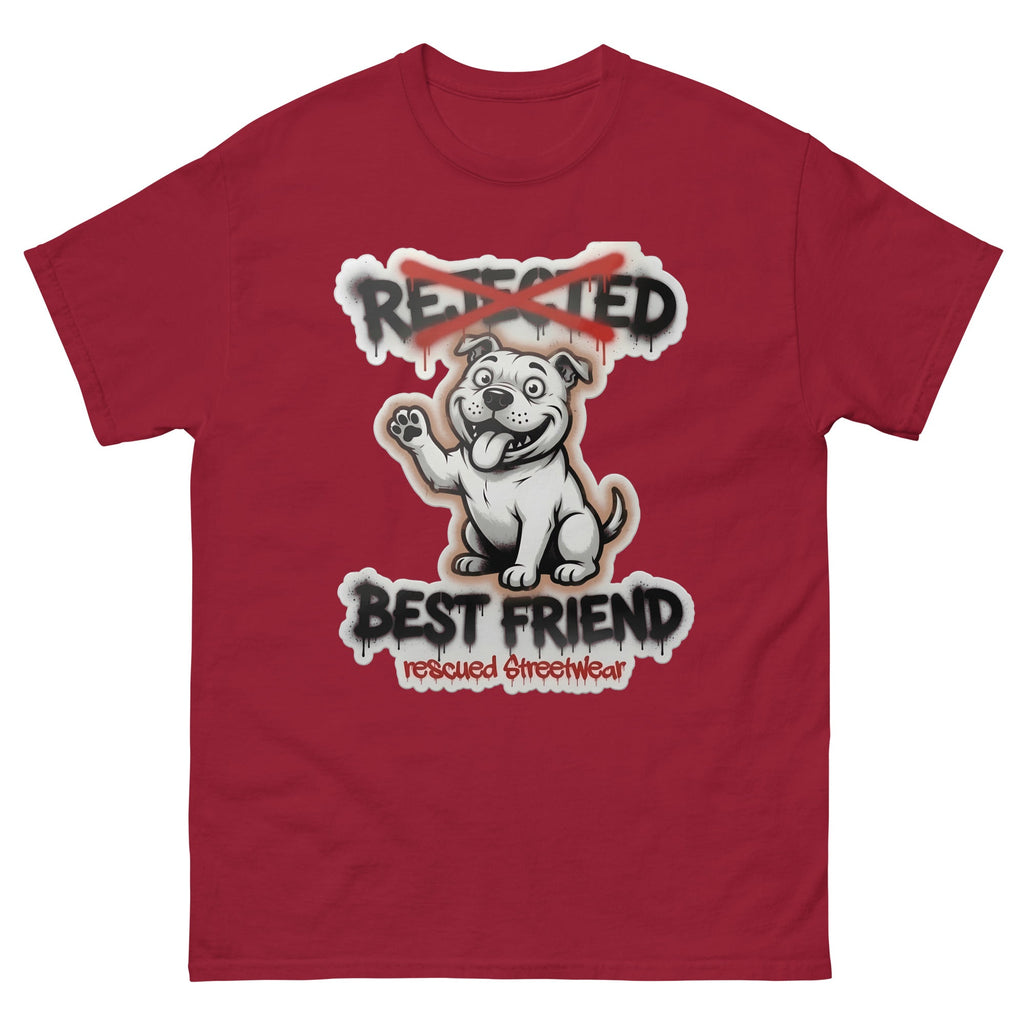 Best Friend pit bull tee — white bully pup waving a paw with REJECTED crossed out in red and BEST FRIEND sprayed below