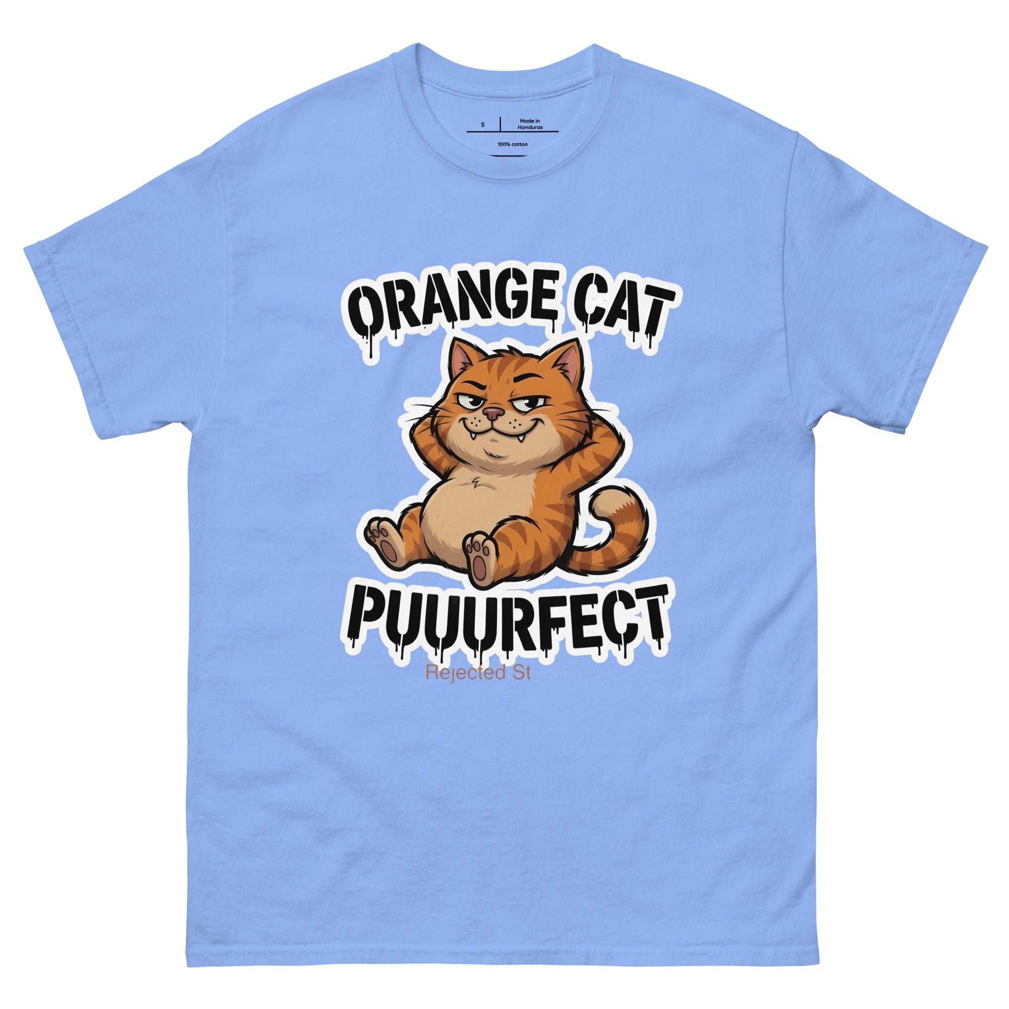 Orange Cat Puuurfect tee — chunky reclined orange tabby under arched drippy graffiti lettering