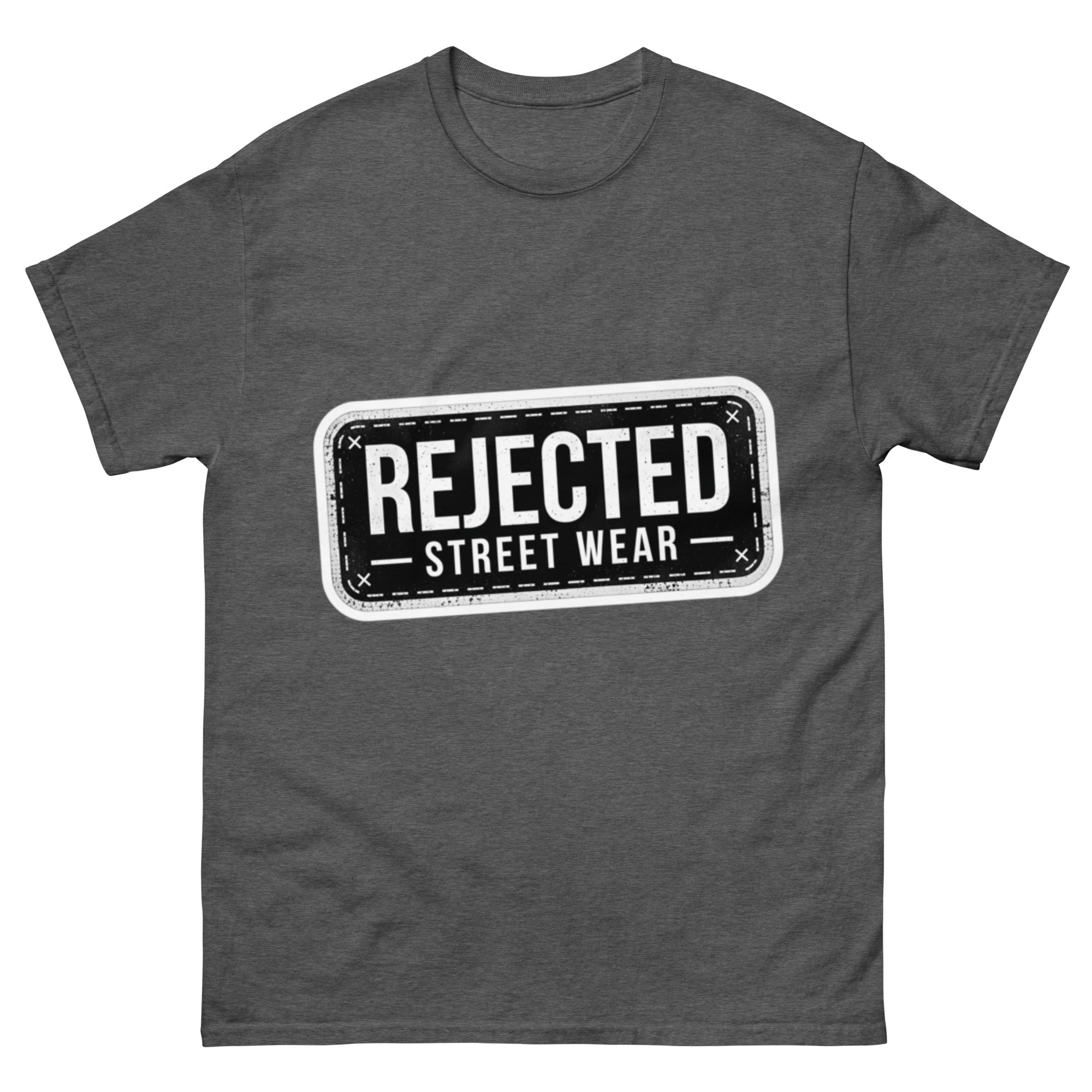 Rejected Street Wear plate logo tee — stamped black plate with a dashed border, corner x marks and REJECTED STREET WEAR inside
