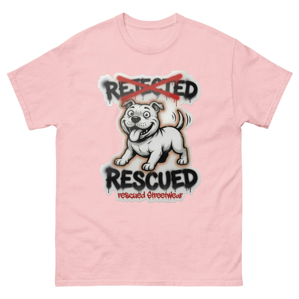 Rescued pit bull tee — white pit bull with REJECTED crossed out in red and RESCUED sprayed underneath