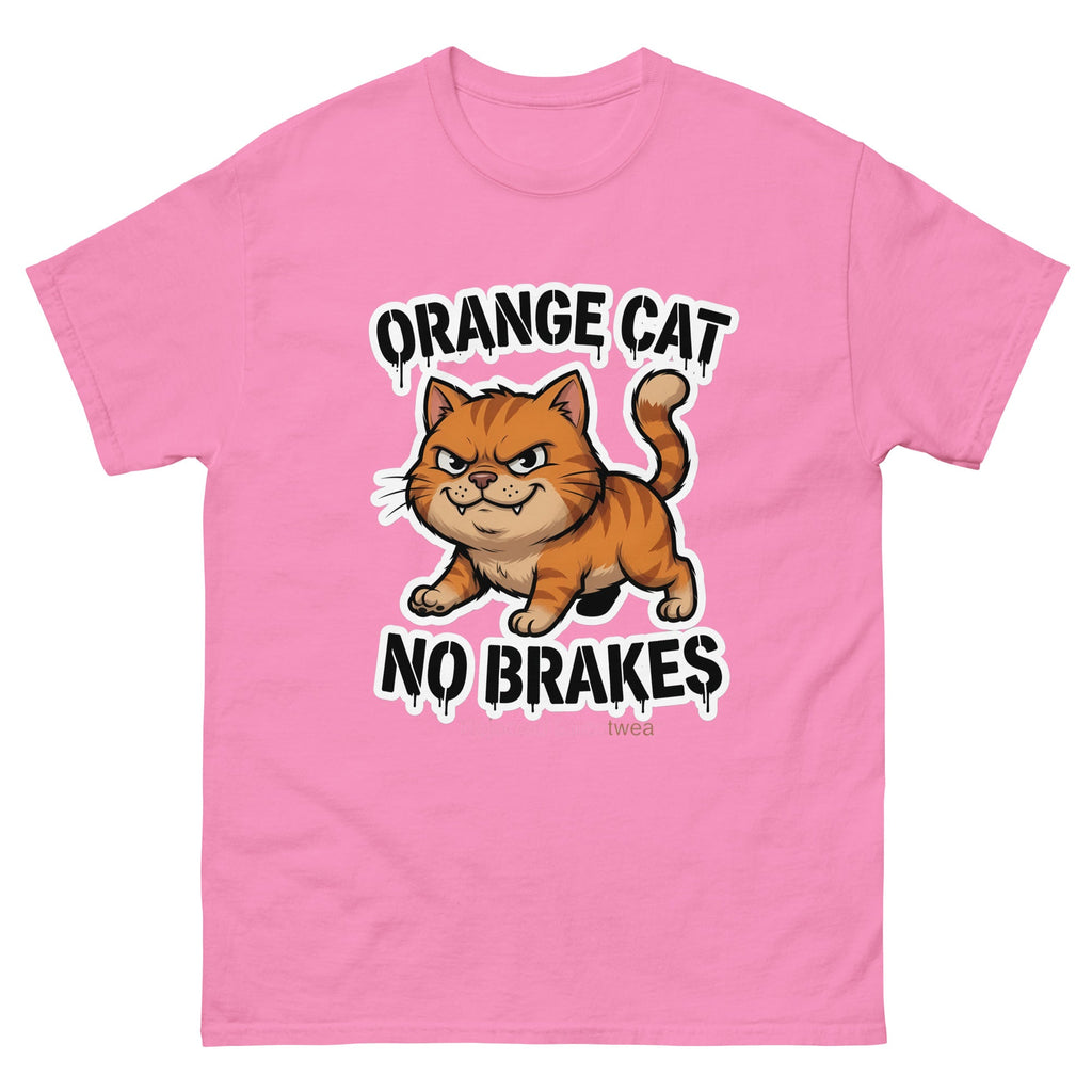 Orange Cat No Brakes tee — scowling orange tabby at full sprint under drippy graffiti lettering, white-outlined print