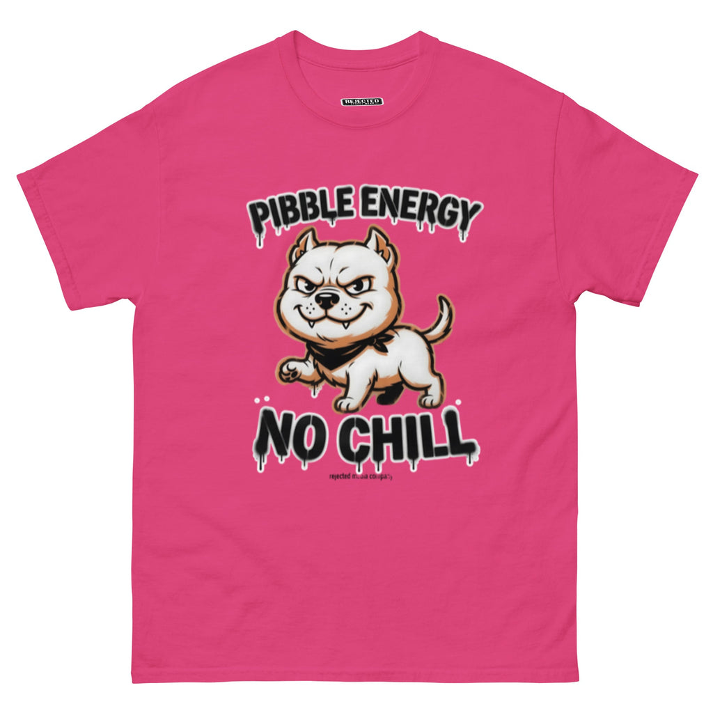 Pibble Energy No Chill tee — grinning bully pup at a dead sprint under graffiti lettering