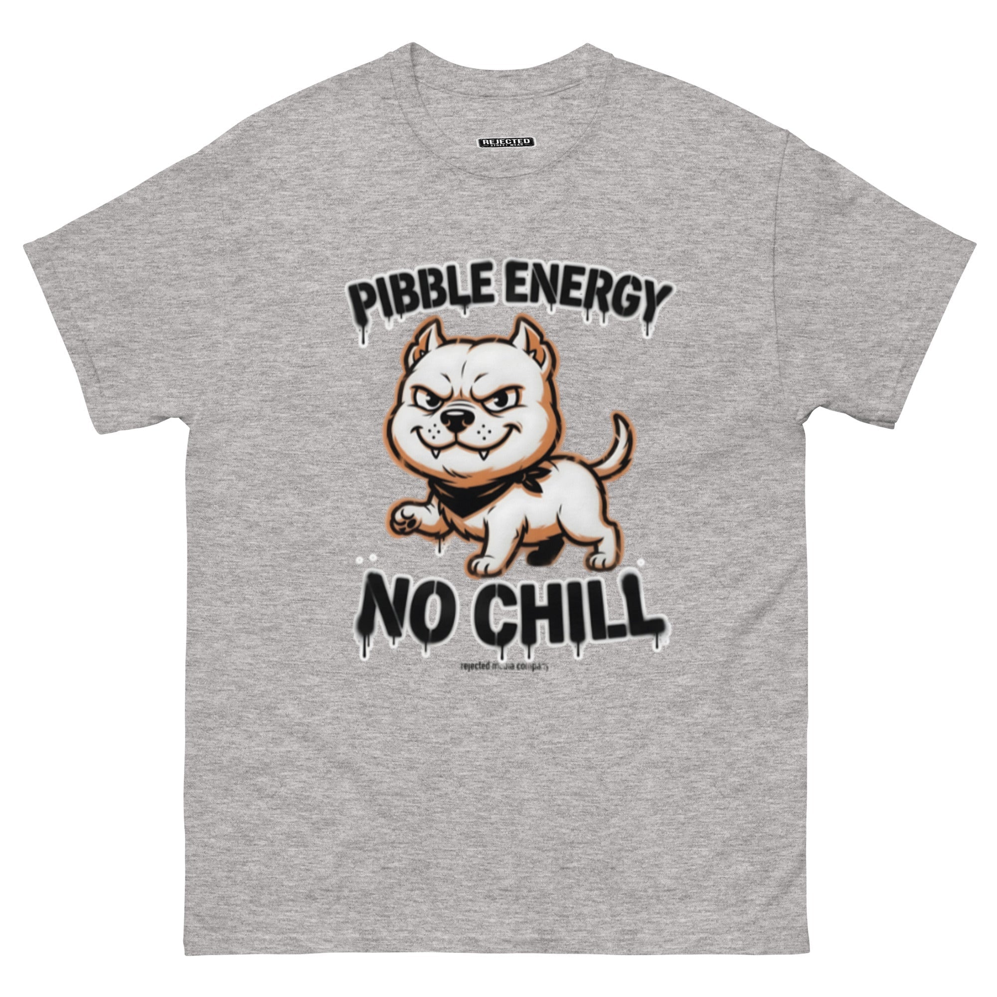 Pibble Energy No Chill tee — grinning bully pup at a dead sprint under graffiti lettering