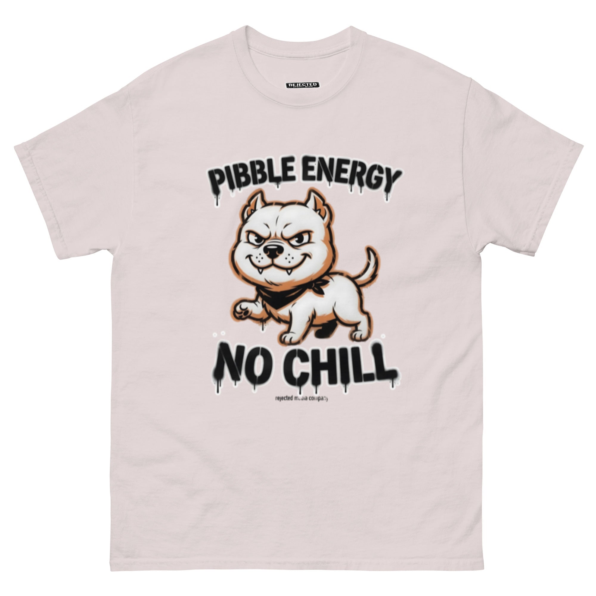 Pibble Energy No Chill tee — grinning bully pup at a dead sprint under graffiti lettering