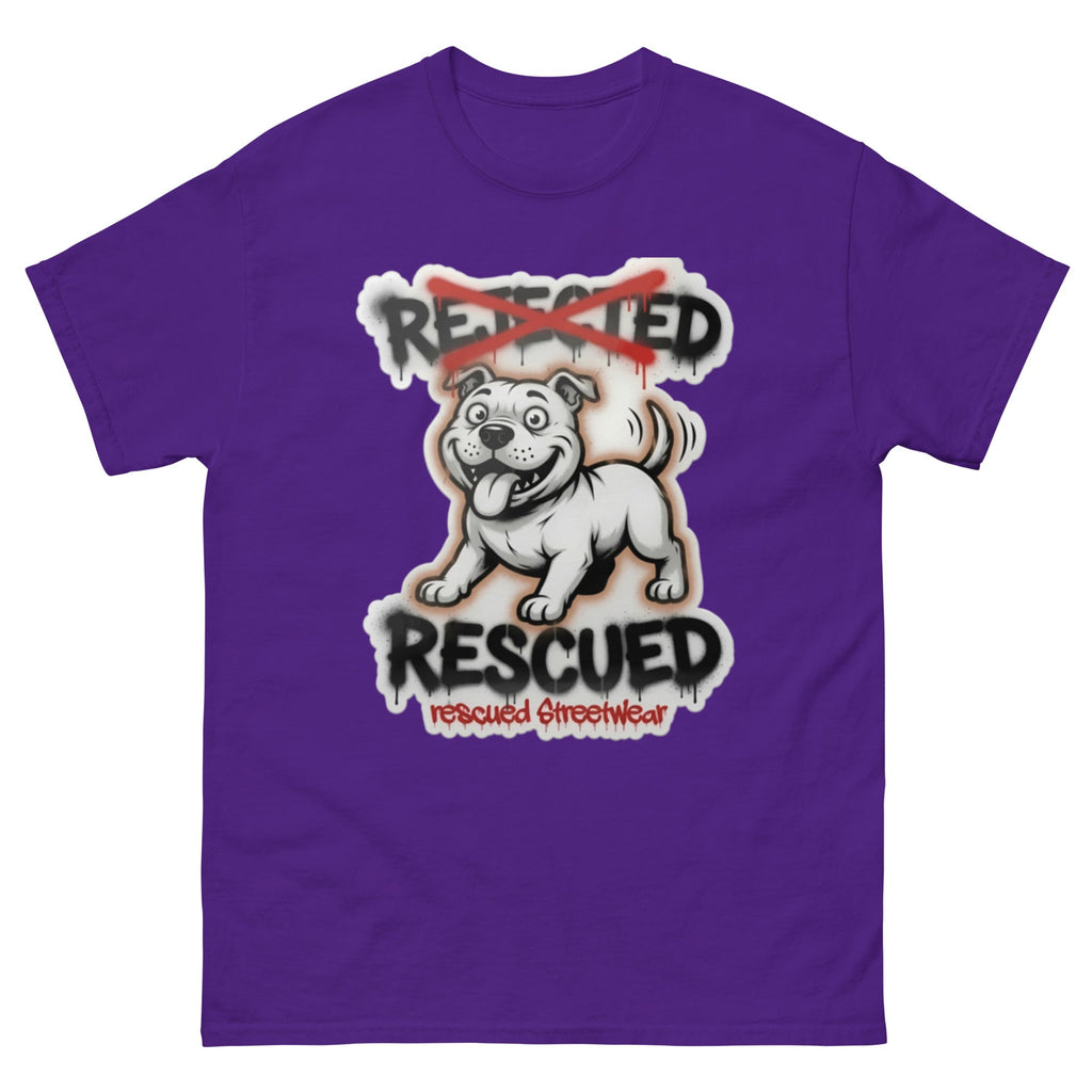 Rescued pit bull tee — white pit bull with REJECTED crossed out in red and RESCUED sprayed underneath