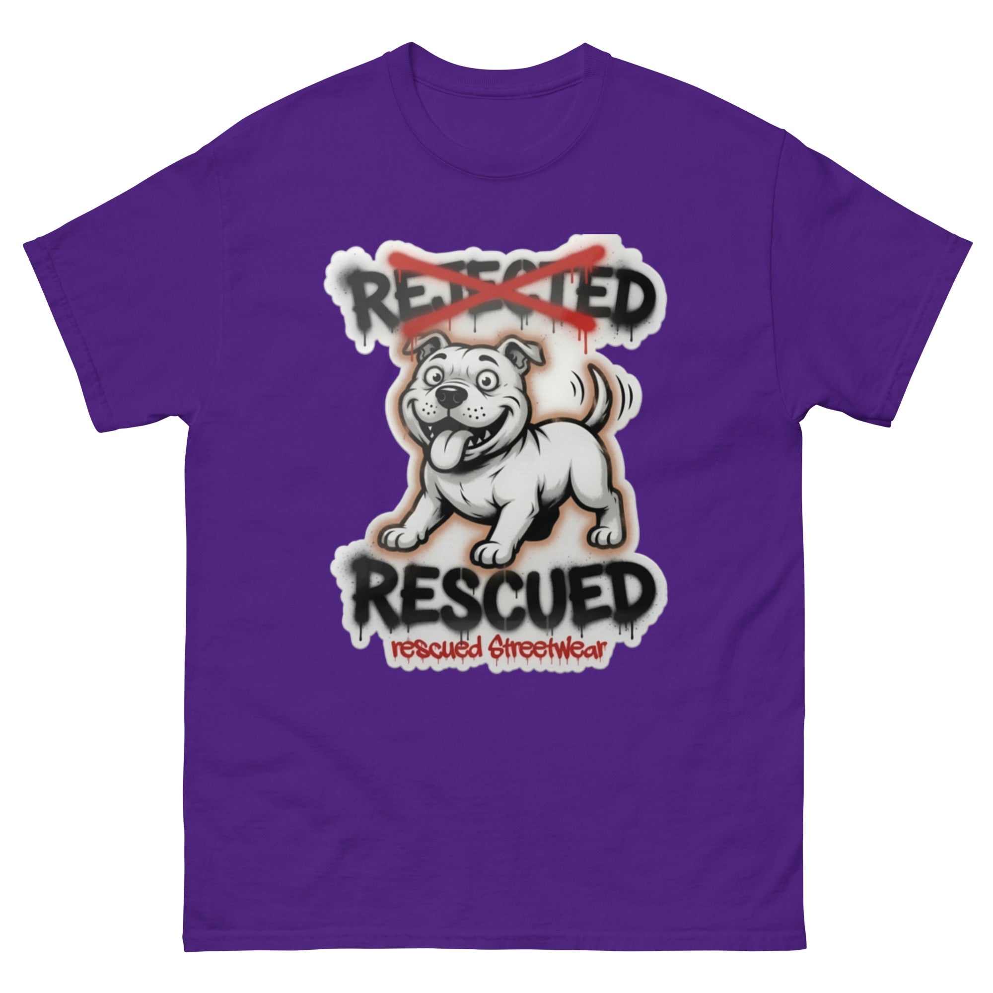 Rescued pit bull tee — white pit bull with REJECTED crossed out in red and RESCUED sprayed underneath