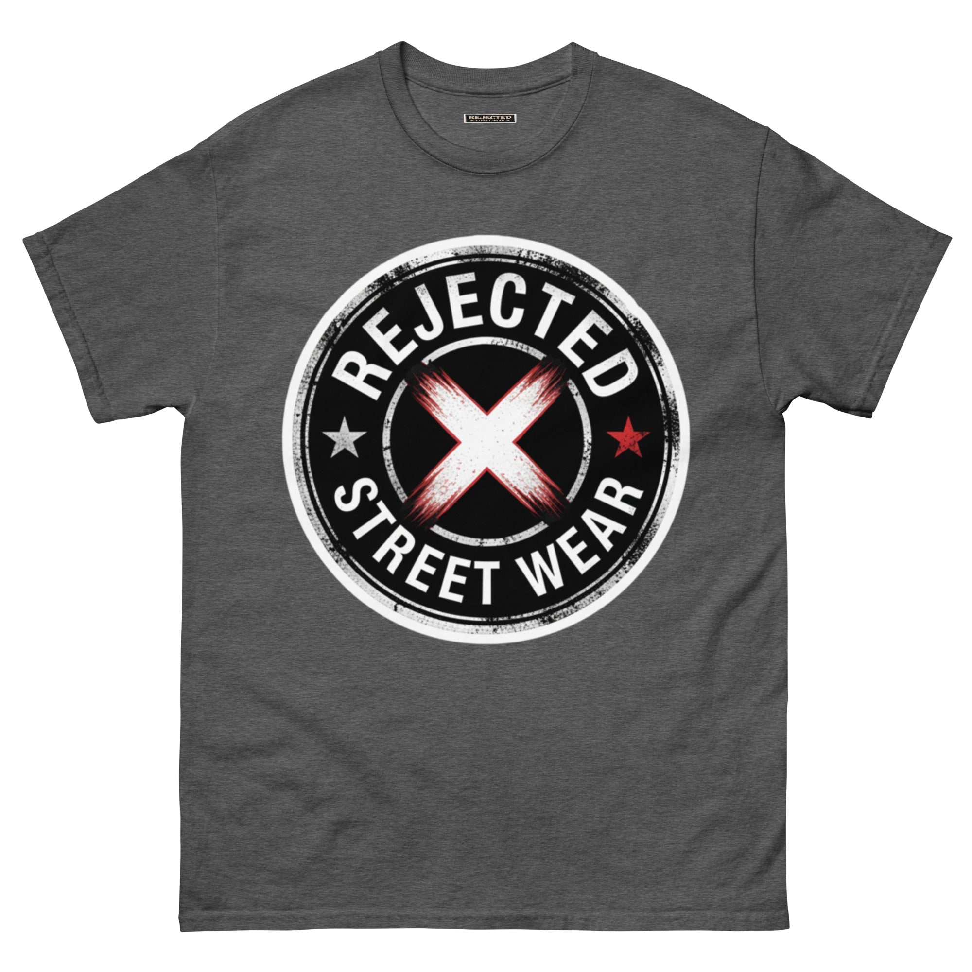 Rejected Street Wear barbed wire seal tee — distressed circular badge with REJECTED arched over a red and white brushed X