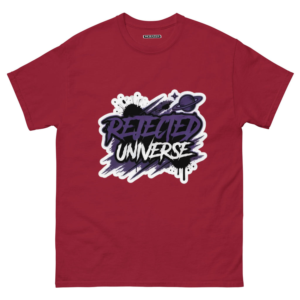 Rejected Universe logo tee in purple — leaning graffiti tag with an orbiting planet and spray splatter
