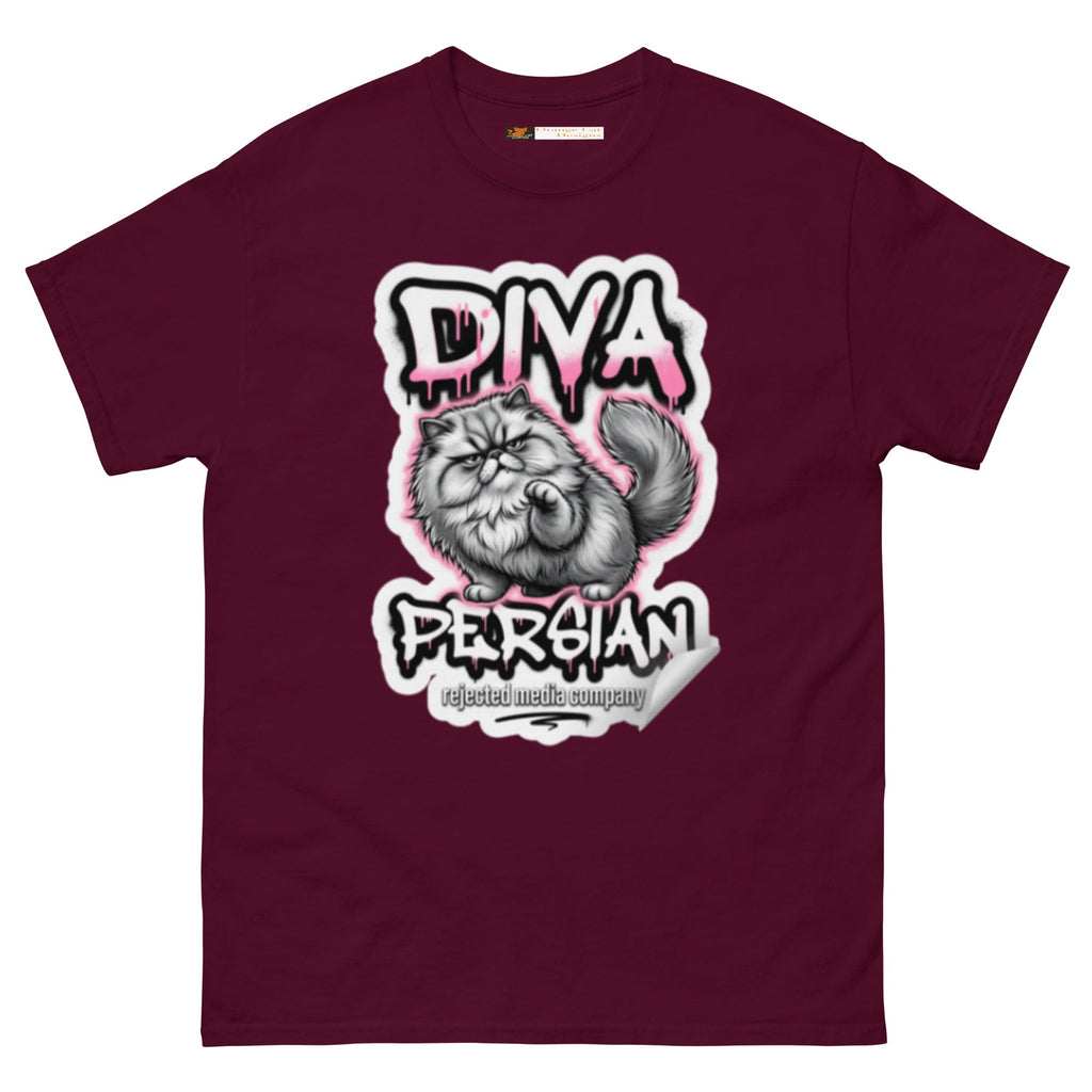 Diva Persian cat tee — fluffed-out Persian cat with an unimpressed face under pink graffiti drip lettering