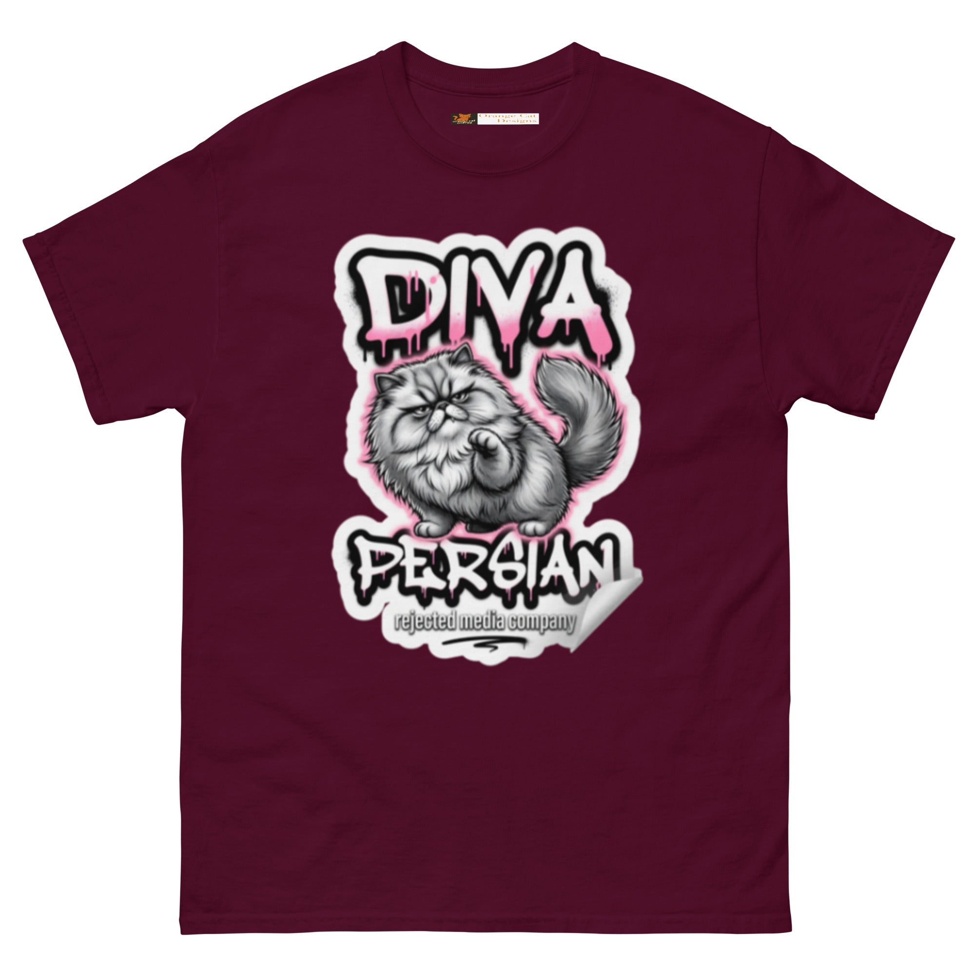 Diva Persian cat tee — fluffed-out Persian cat with an unimpressed face under pink graffiti drip lettering