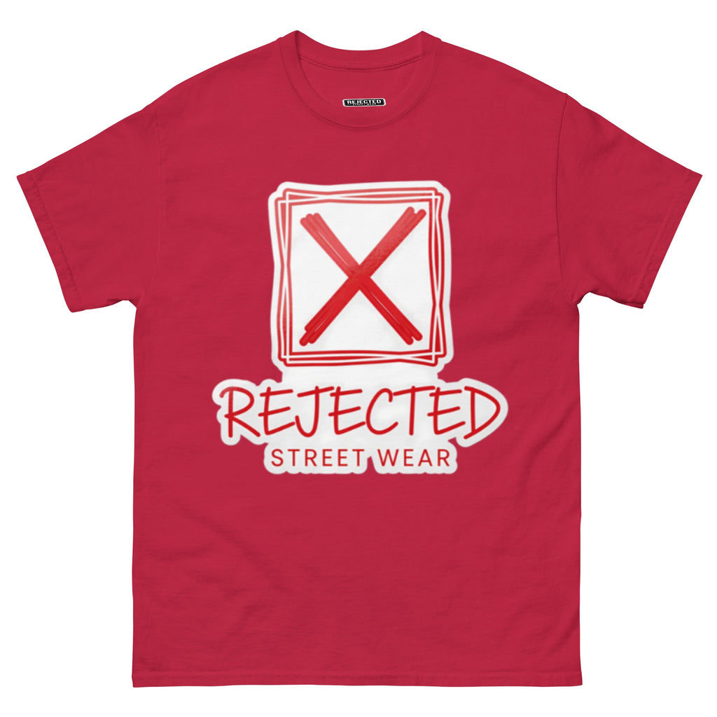 Rejected Street Wear box logo tee — hand-drawn red frame with a brushed X and REJECTED STREET WEAR in red beneath