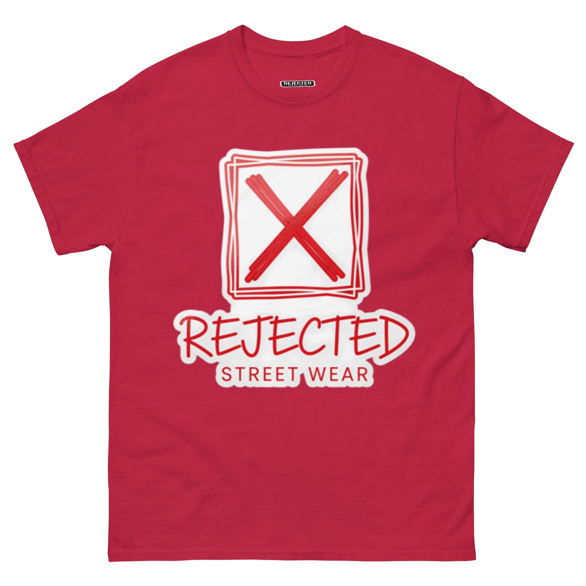 Rejected Street Wear box logo tee — hand-drawn red frame with a brushed X and REJECTED STREET WEAR in red beneath