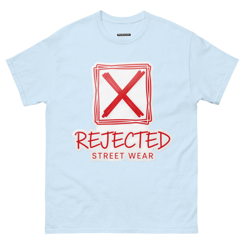 Rejected Street Wear box logo tee — hand-drawn red frame with a brushed X and REJECTED STREET WEAR in red beneath