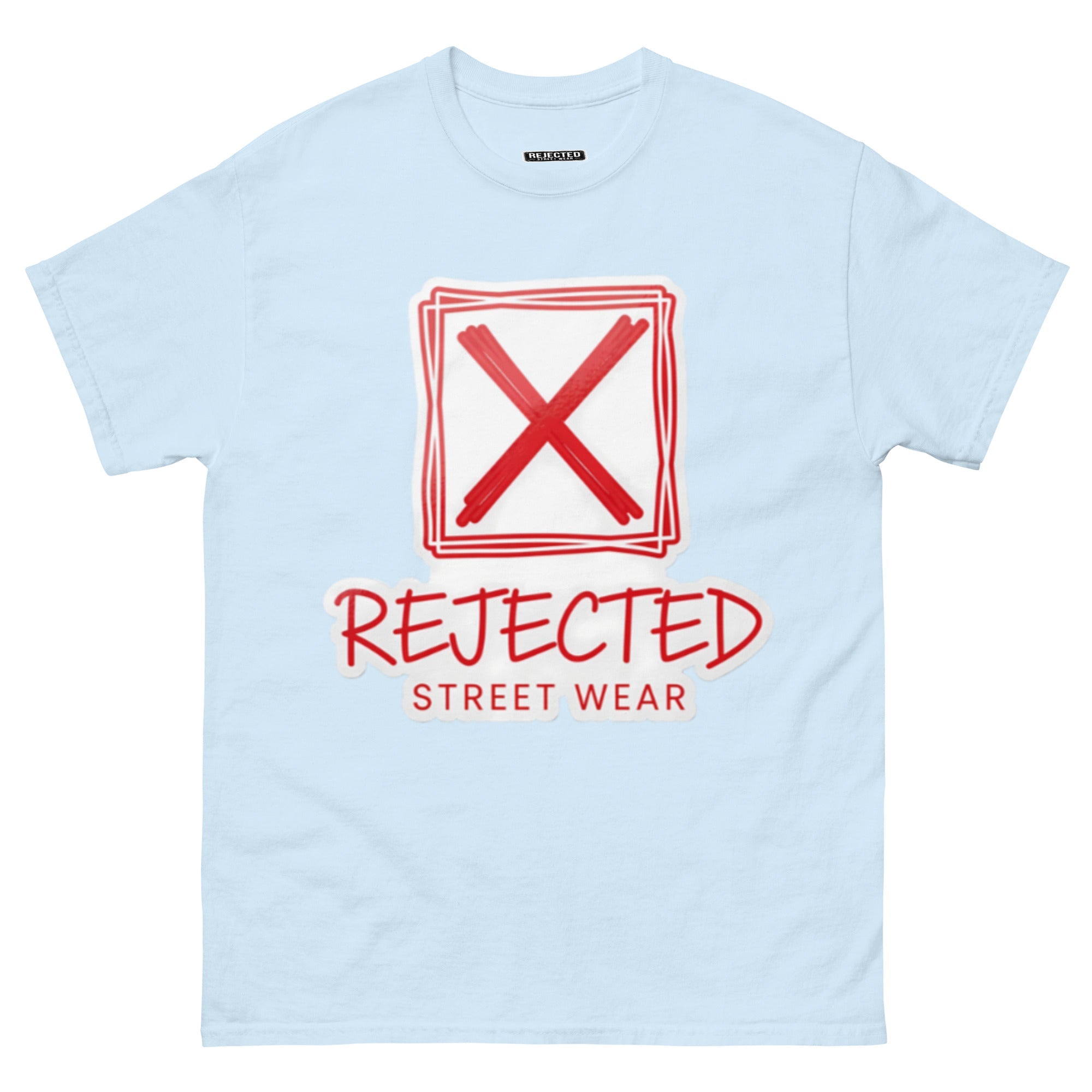 Rejected Street Wear box logo tee — hand-drawn red frame with a brushed X and REJECTED STREET WEAR in red beneath