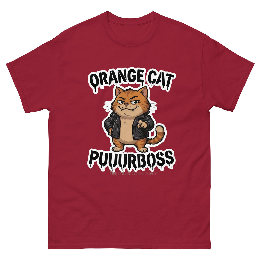 Purrboss orange cat tee — orange tabby in a leather jacket, arms crossed, under arched graffiti lettering