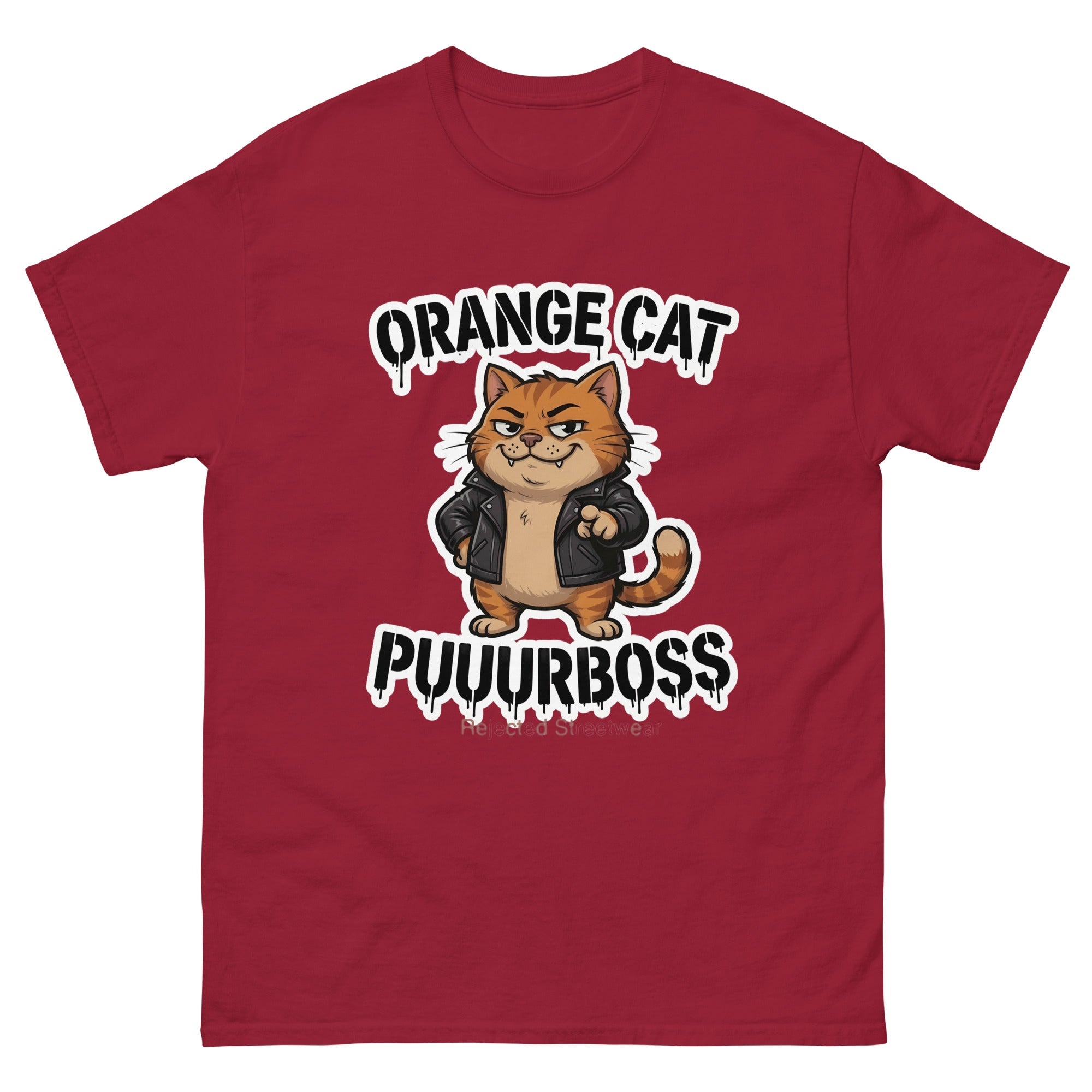 Purrboss orange cat tee — orange tabby in a leather jacket, arms crossed, under arched graffiti lettering