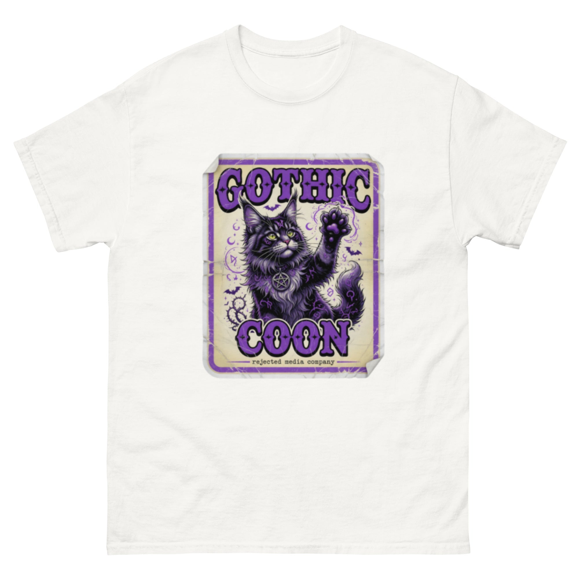 Gothic Coon tee — purple and black Maine Coon cat with a pentacle collar and one paw raised, vintage poster frame