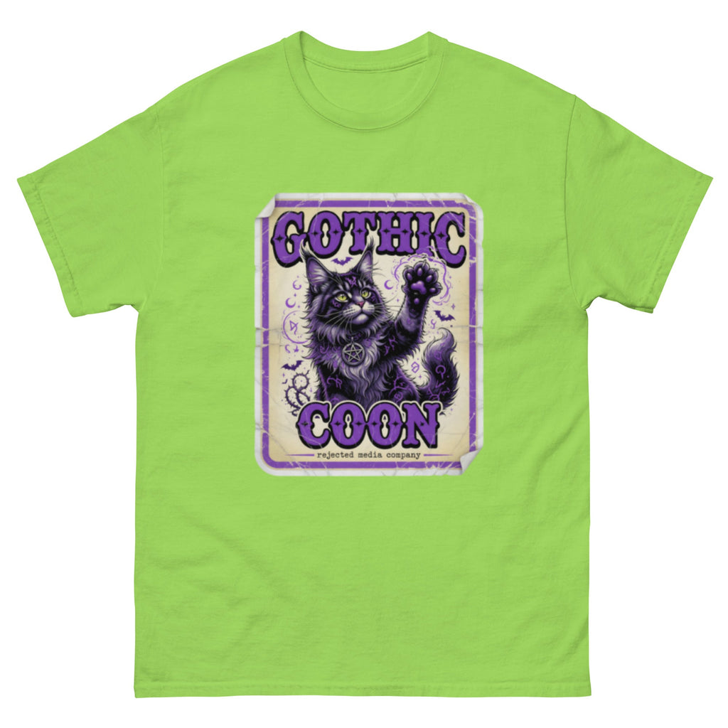 Gothic Coon tee — purple and black Maine Coon cat with a pentacle collar and one paw raised, vintage poster frame