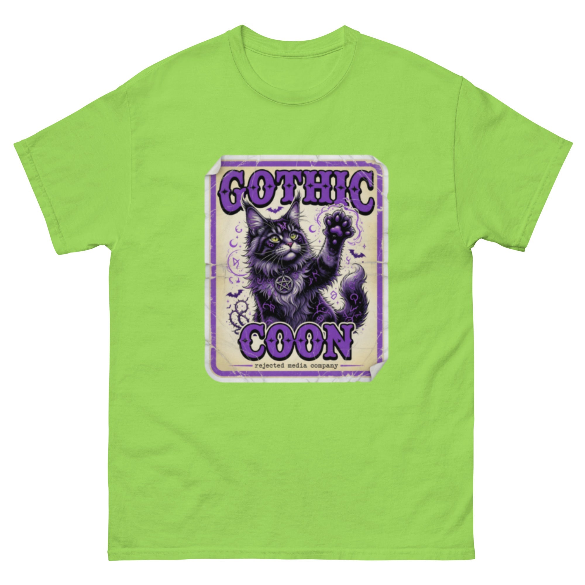 Gothic Coon tee — purple and black Maine Coon cat with a pentacle collar and one paw raised, vintage poster frame