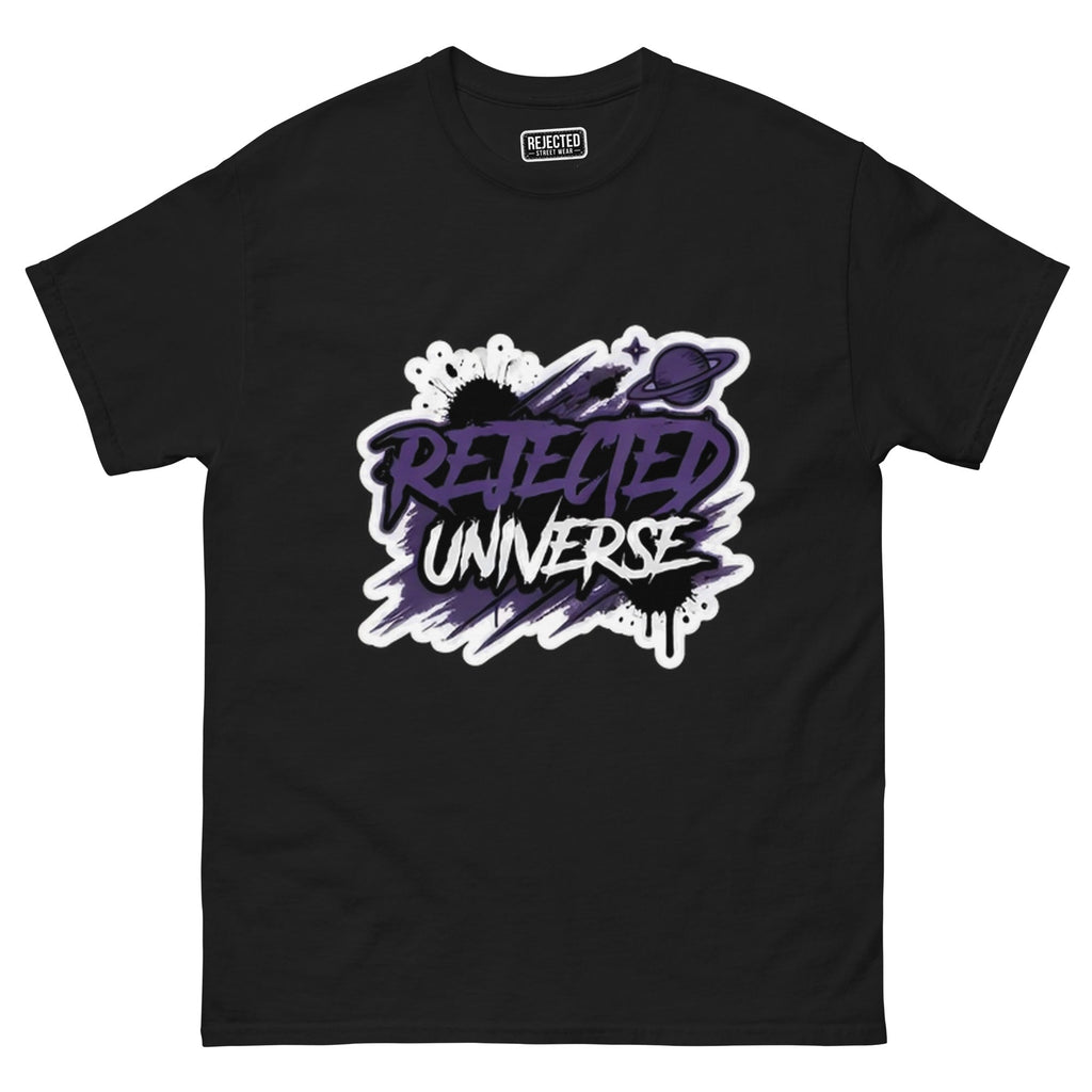 Rejected Universe logo tee in purple — leaning graffiti tag with an orbiting planet and spray splatter