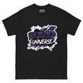 Rejected Universe logo tee in purple — leaning graffiti tag with an orbiting planet and spray splatter