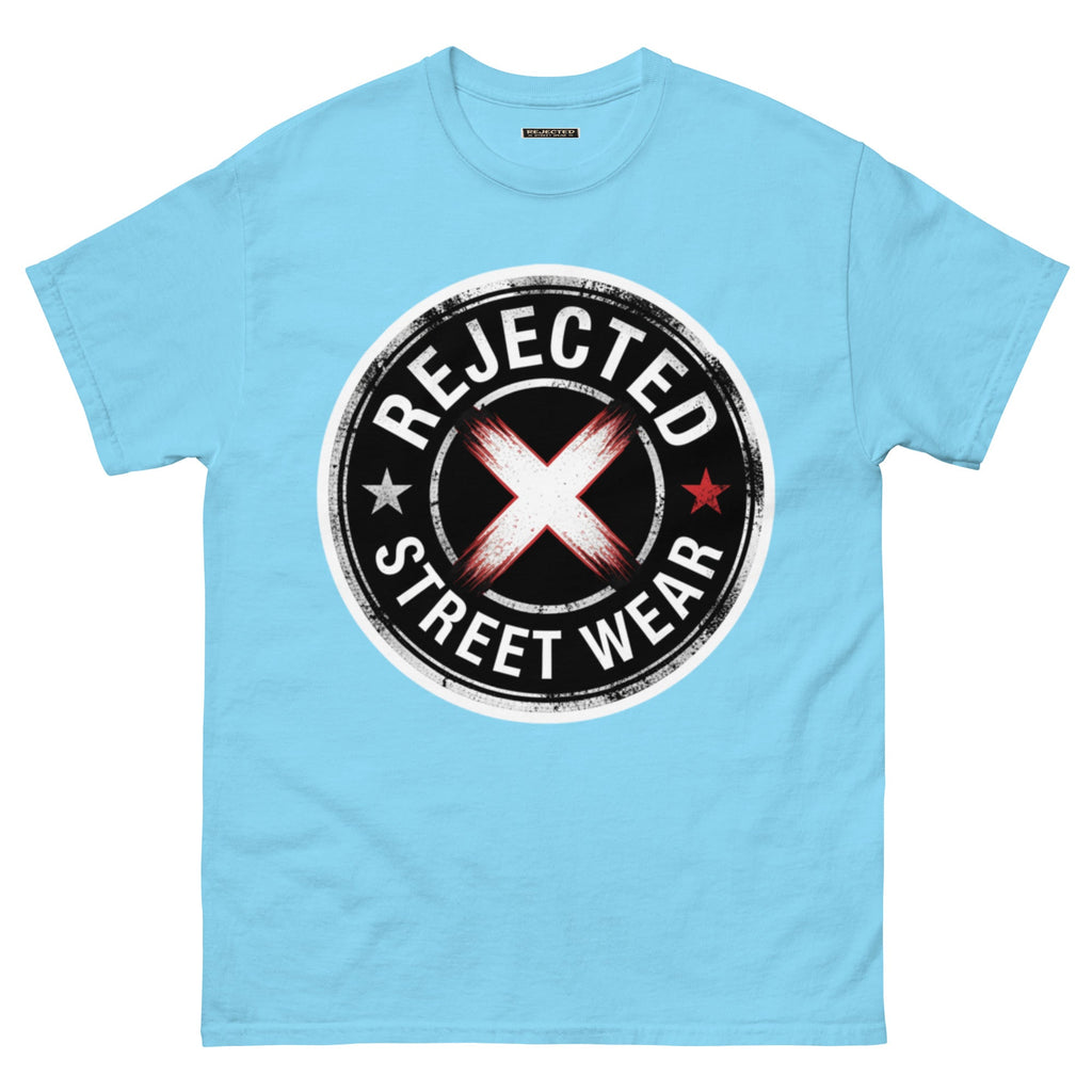 Rejected Street Wear barbed wire seal tee — distressed circular badge with REJECTED arched over a red and white brushed X