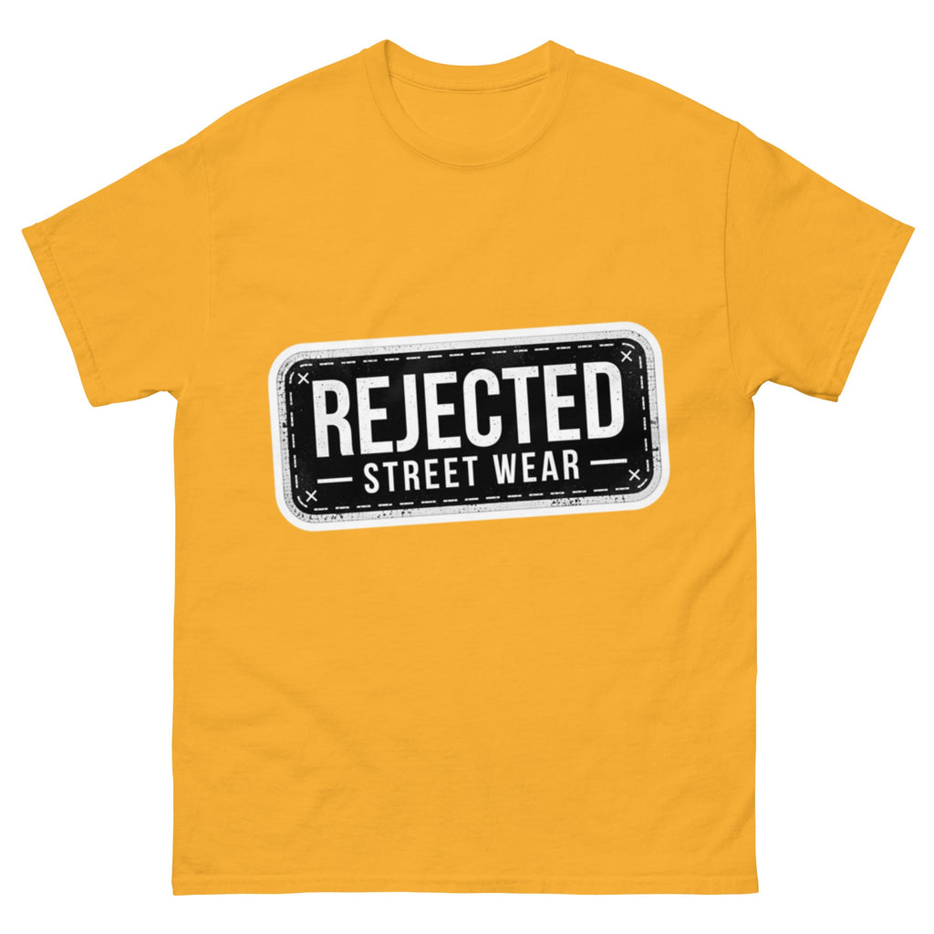 Rejected Street Wear plate logo tee — stamped black plate with a dashed border, corner x marks and REJECTED STREET WEAR inside