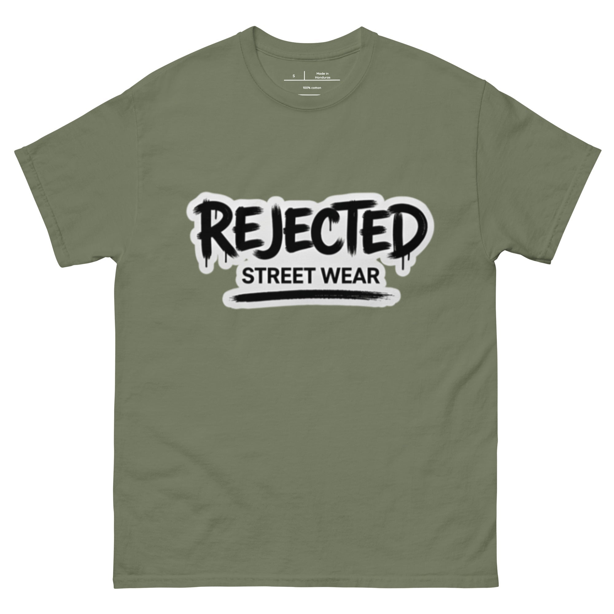 Rejected Street Wear graffiti logo tee — REJECTED in dripping spray-paint script over underlined STREET WEAR
