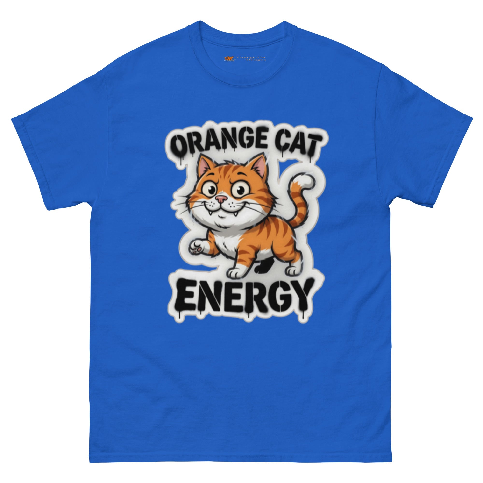 Orange Cat Energy tee — wide-eyed orange tabby mid-launch under drippy graffiti lettering