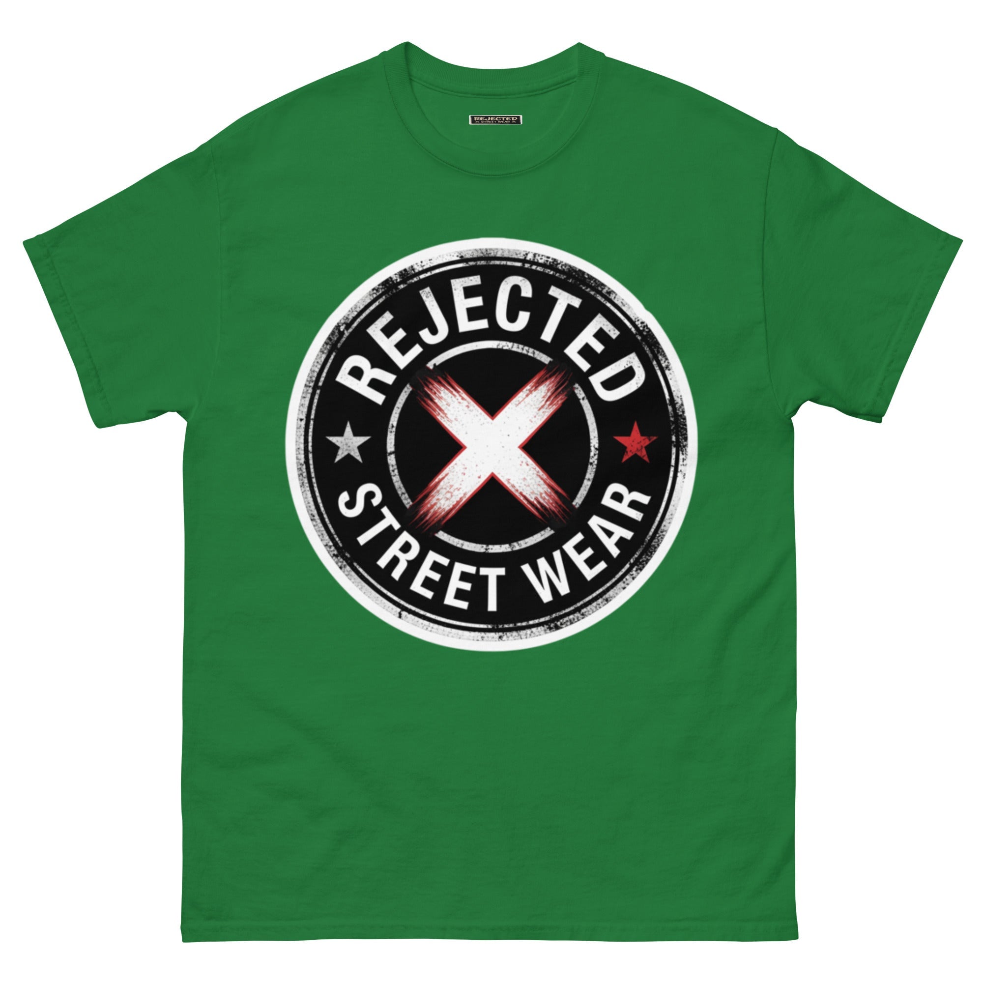 Rejected Street Wear barbed wire seal tee — distressed circular badge with REJECTED arched over a red and white brushed X