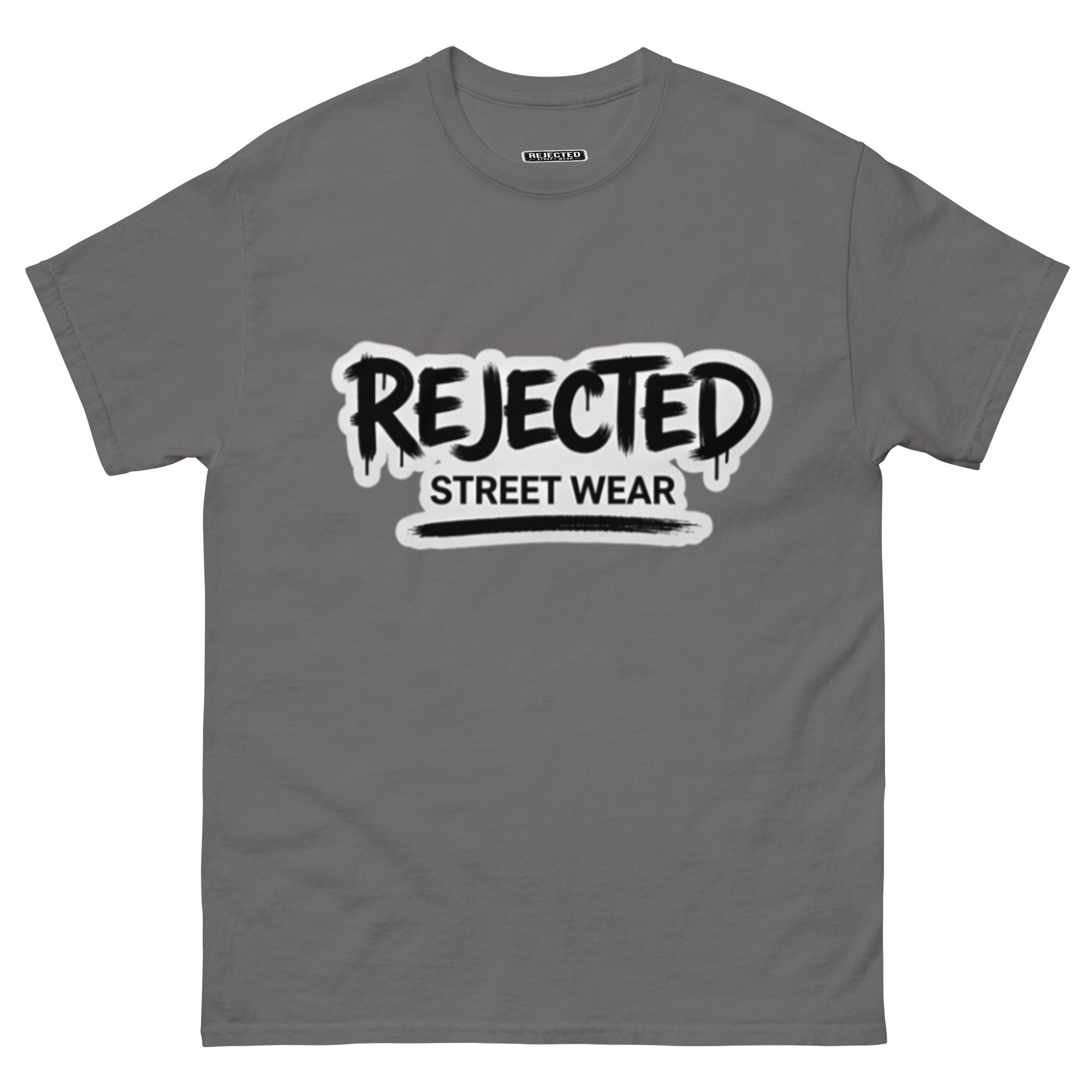 Rejected Street Wear graffiti logo tee — REJECTED in dripping spray-paint script over underlined STREET WEAR