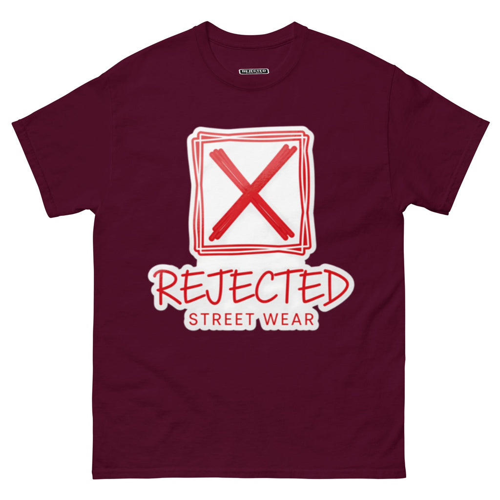 Rejected Street Wear box logo tee — hand-drawn red frame with a brushed X and REJECTED STREET WEAR in red beneath