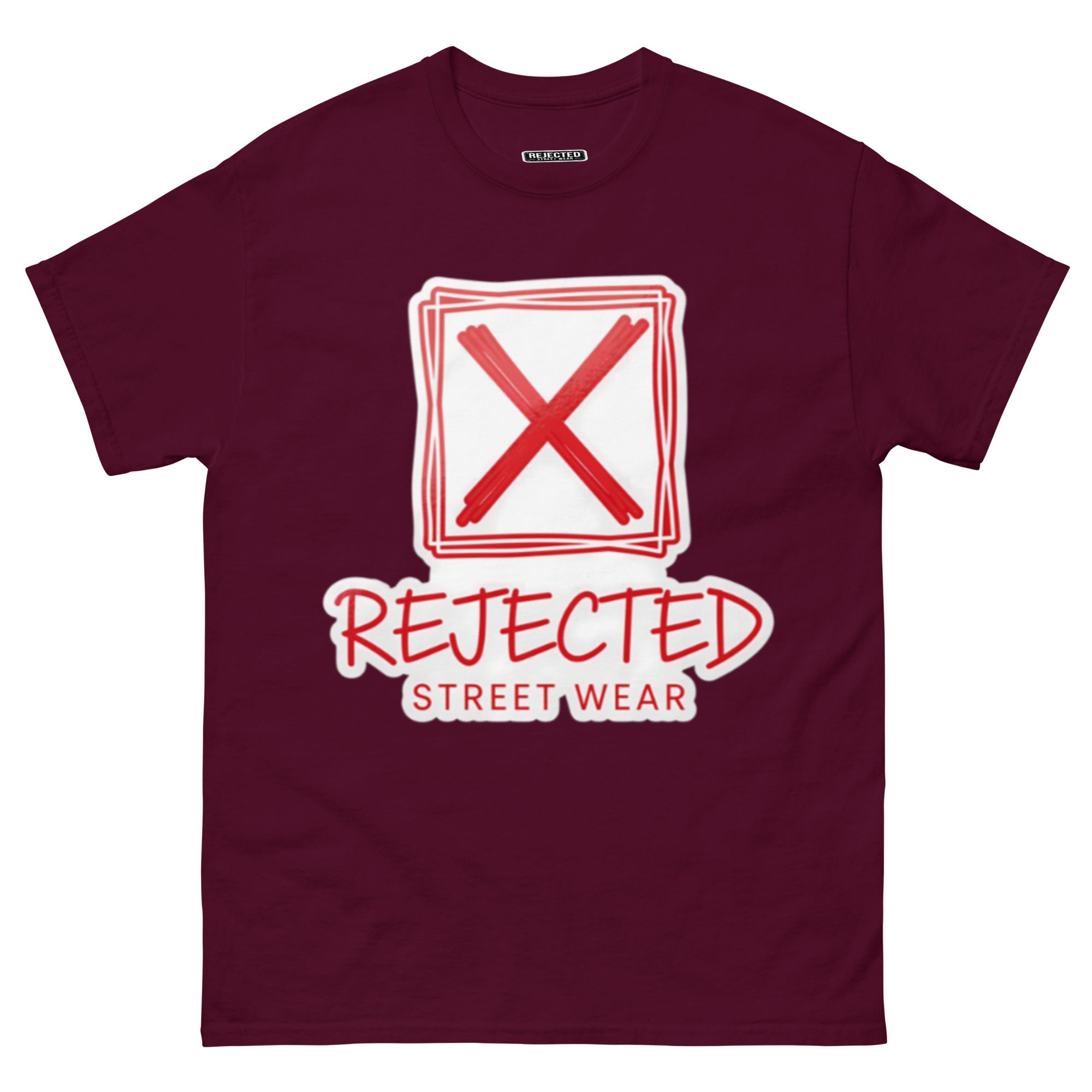 Rejected Street Wear box logo tee — hand-drawn red frame with a brushed X and REJECTED STREET WEAR in red beneath