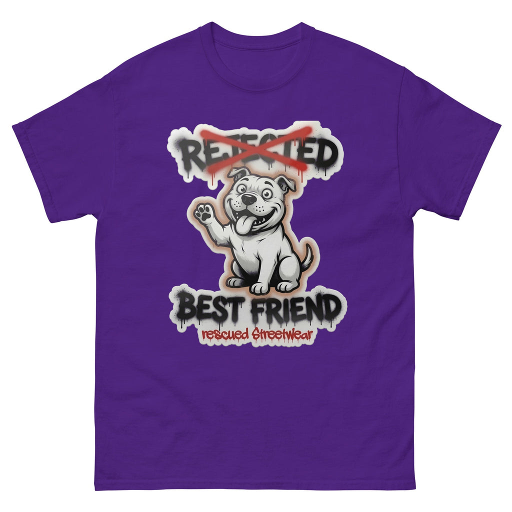 Best Friend pit bull tee — white bully pup waving a paw with REJECTED crossed out in red and BEST FRIEND sprayed below
