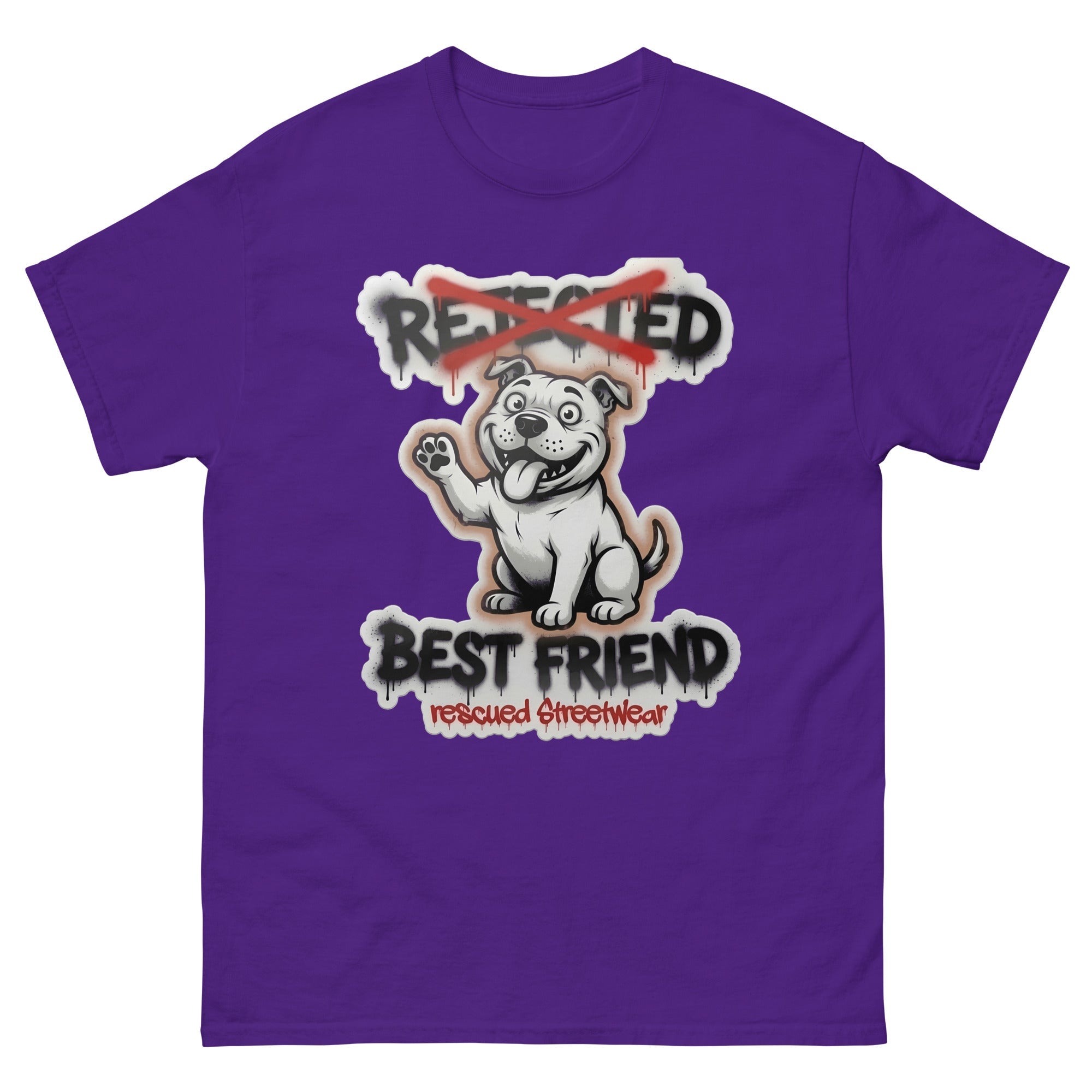Best Friend pit bull tee — white bully pup waving a paw with REJECTED crossed out in red and BEST FRIEND sprayed below