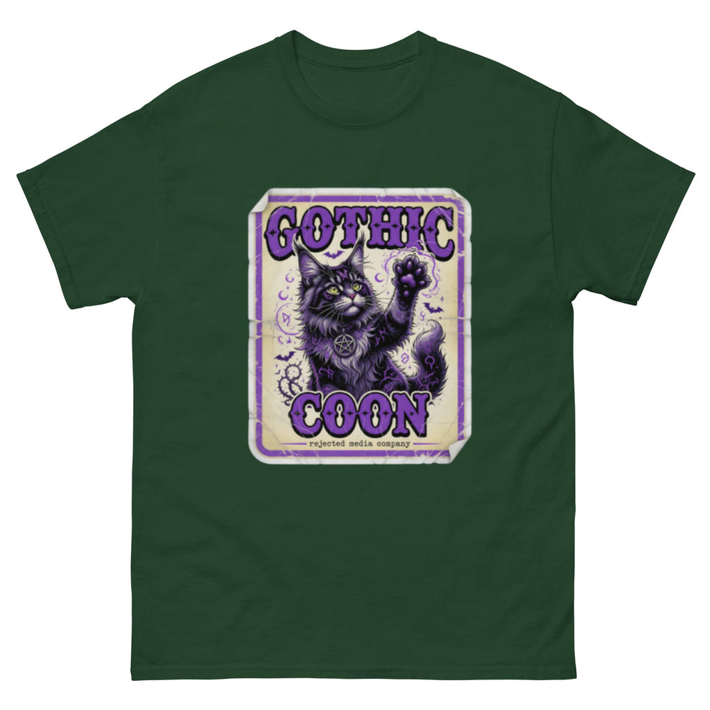 Gothic Coon tee — purple and black Maine Coon cat with a pentacle collar and one paw raised, vintage poster frame
