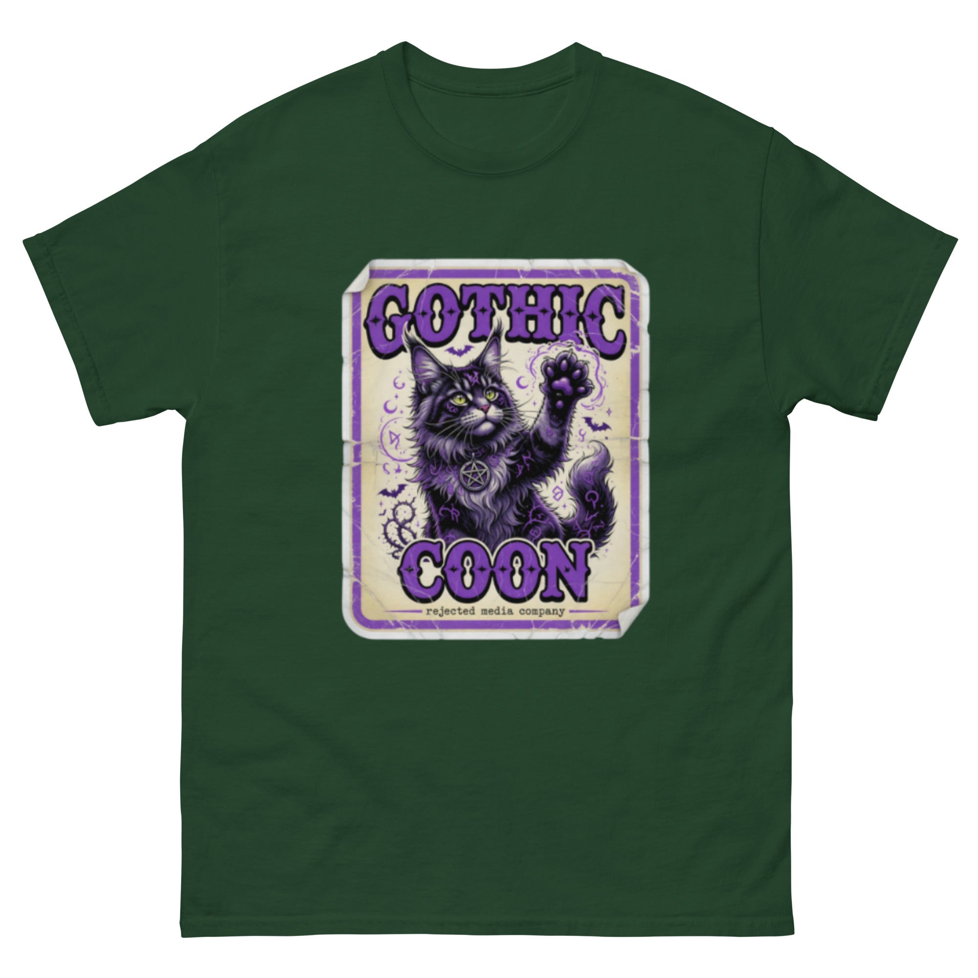 Gothic Coon tee — purple and black Maine Coon cat with a pentacle collar and one paw raised, vintage poster frame