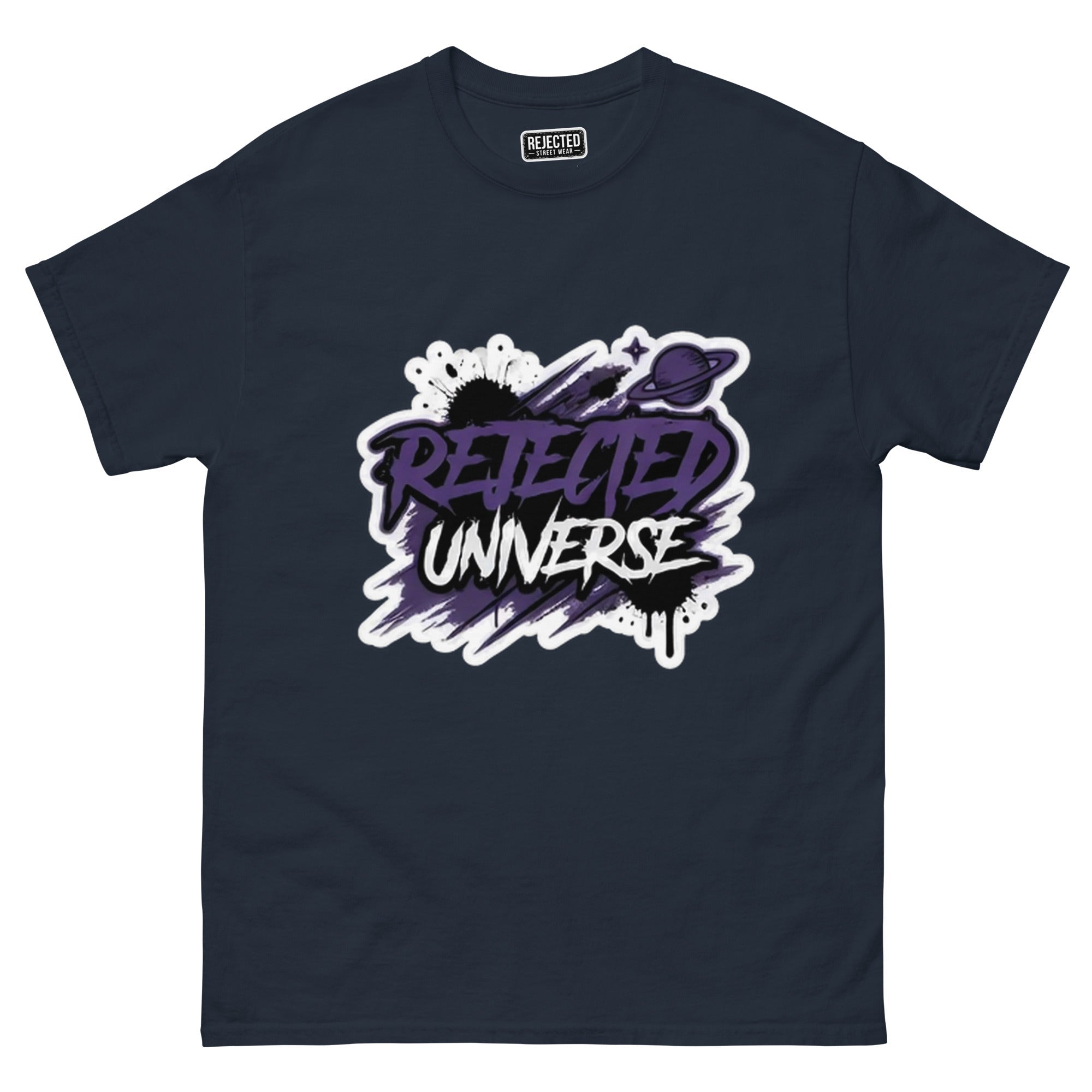 Rejected Universe logo tee in purple — leaning graffiti tag with an orbiting planet and spray splatter
