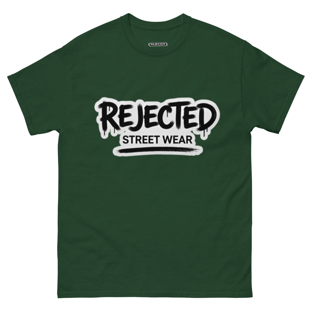 Rejected Street Wear graffiti logo tee — REJECTED in dripping spray-paint script over underlined STREET WEAR
