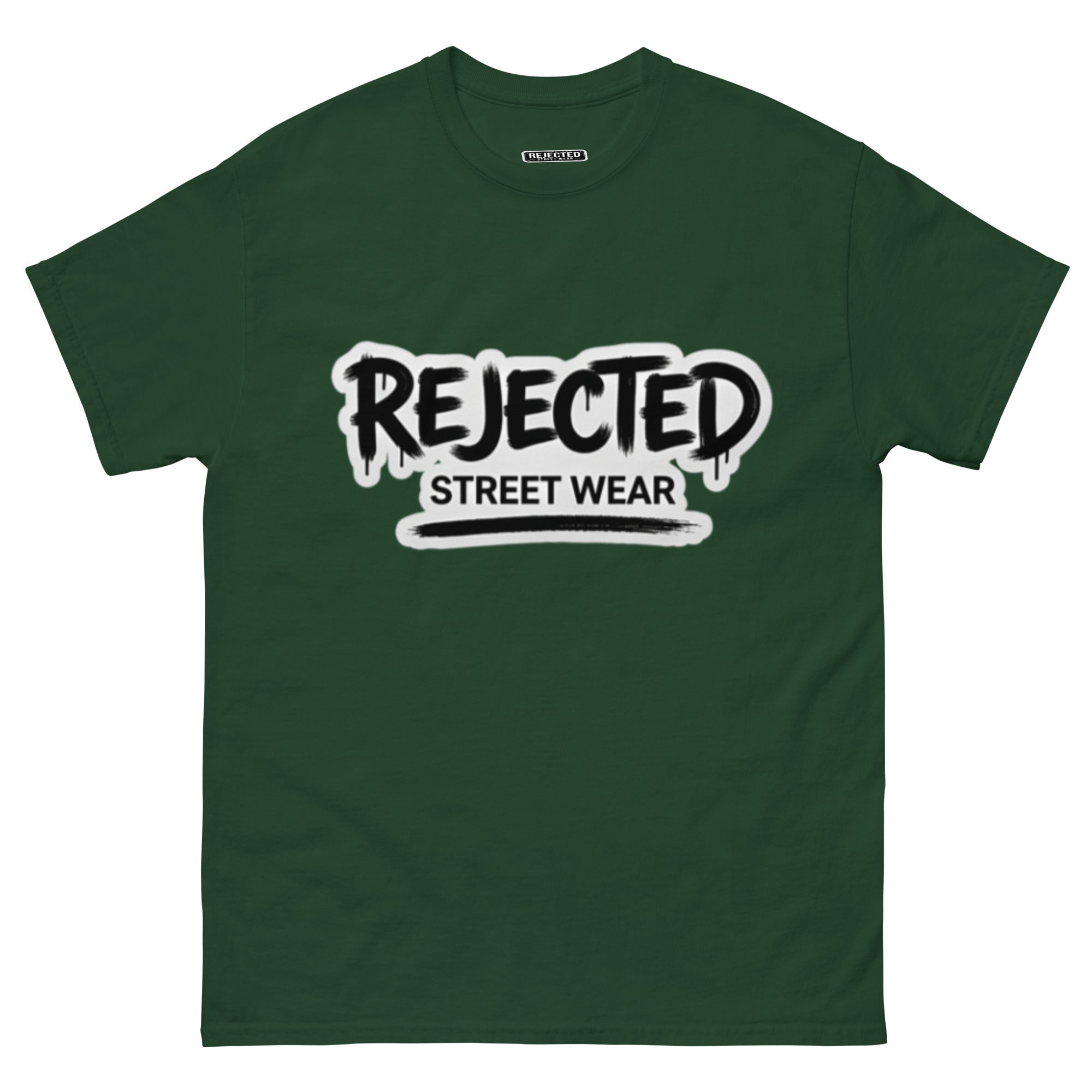 Rejected Street Wear graffiti logo tee — REJECTED in dripping spray-paint script over underlined STREET WEAR