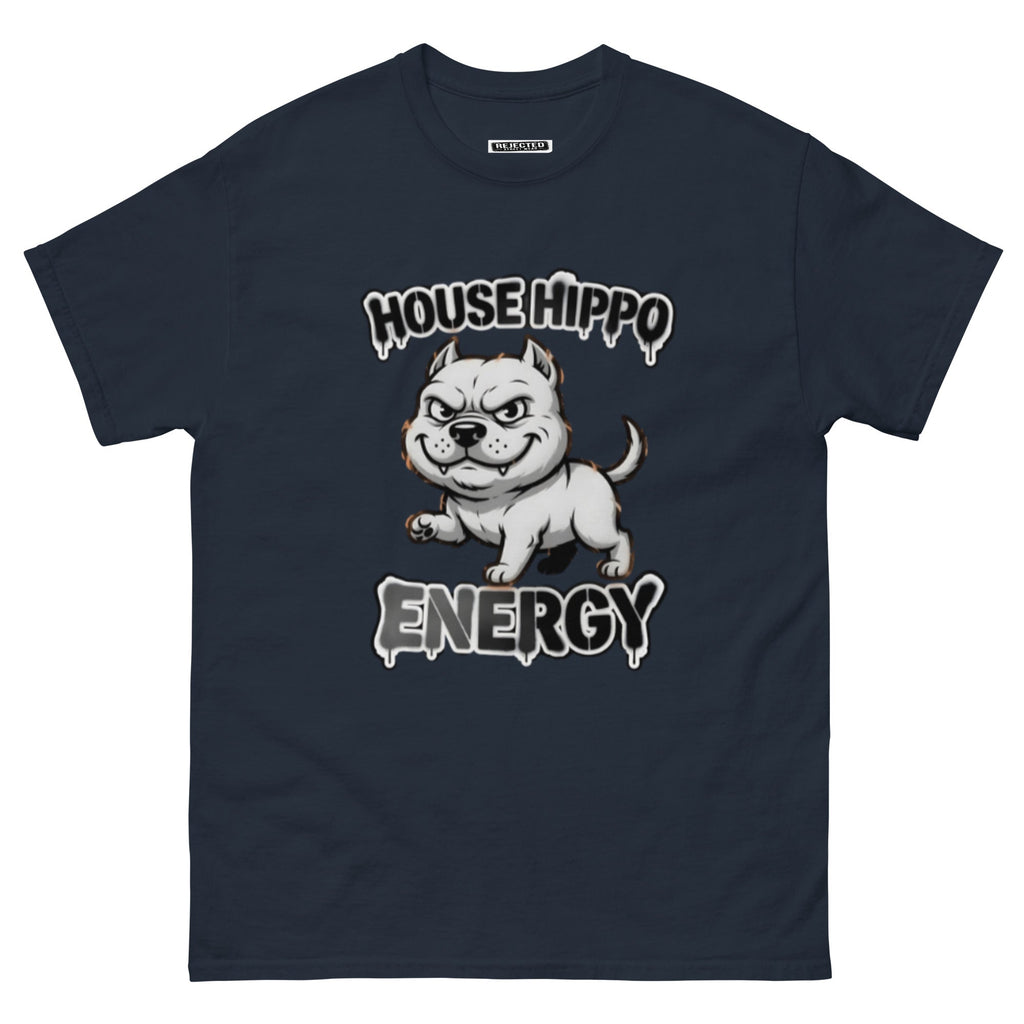 House Hippo Energy tee — stocky bully dog mid-stomp under drippy graffiti lettering