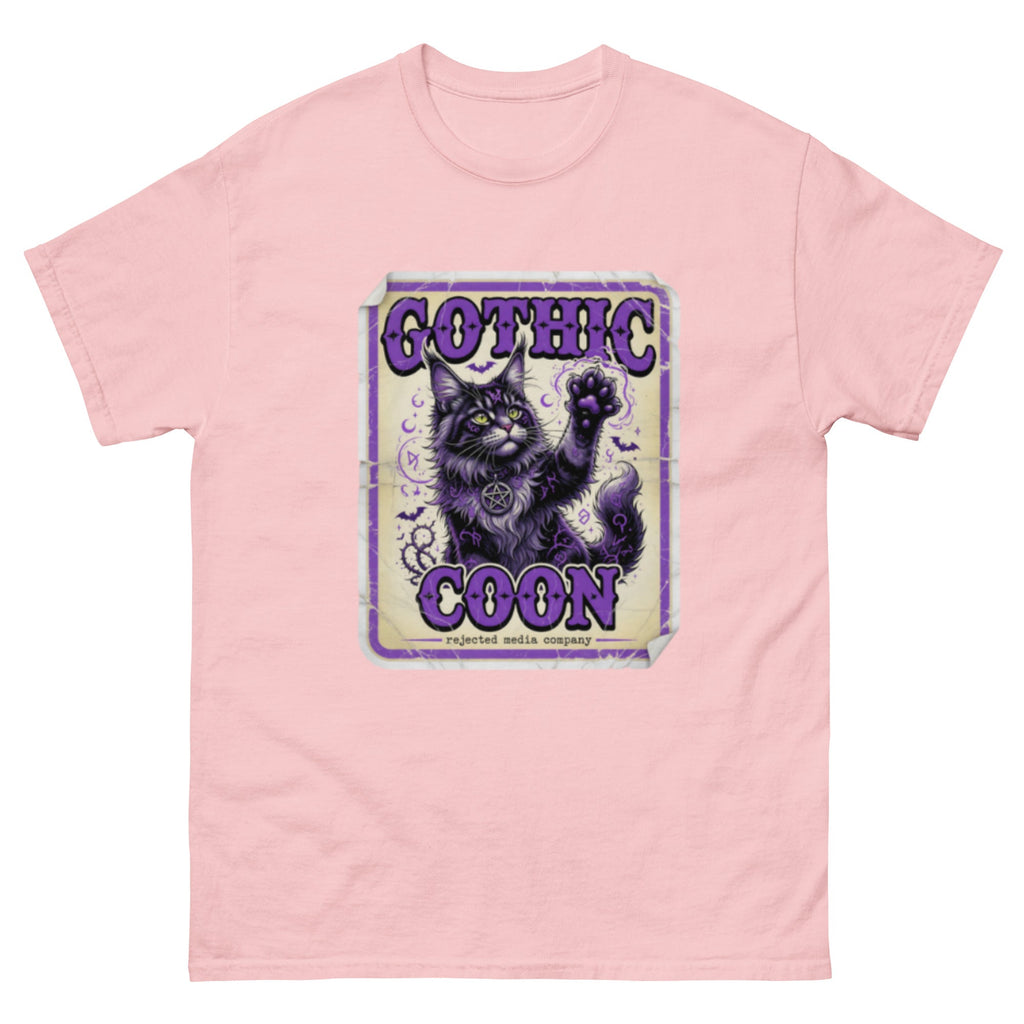 Gothic Coon tee — purple and black Maine Coon cat with a pentacle collar and one paw raised, vintage poster frame