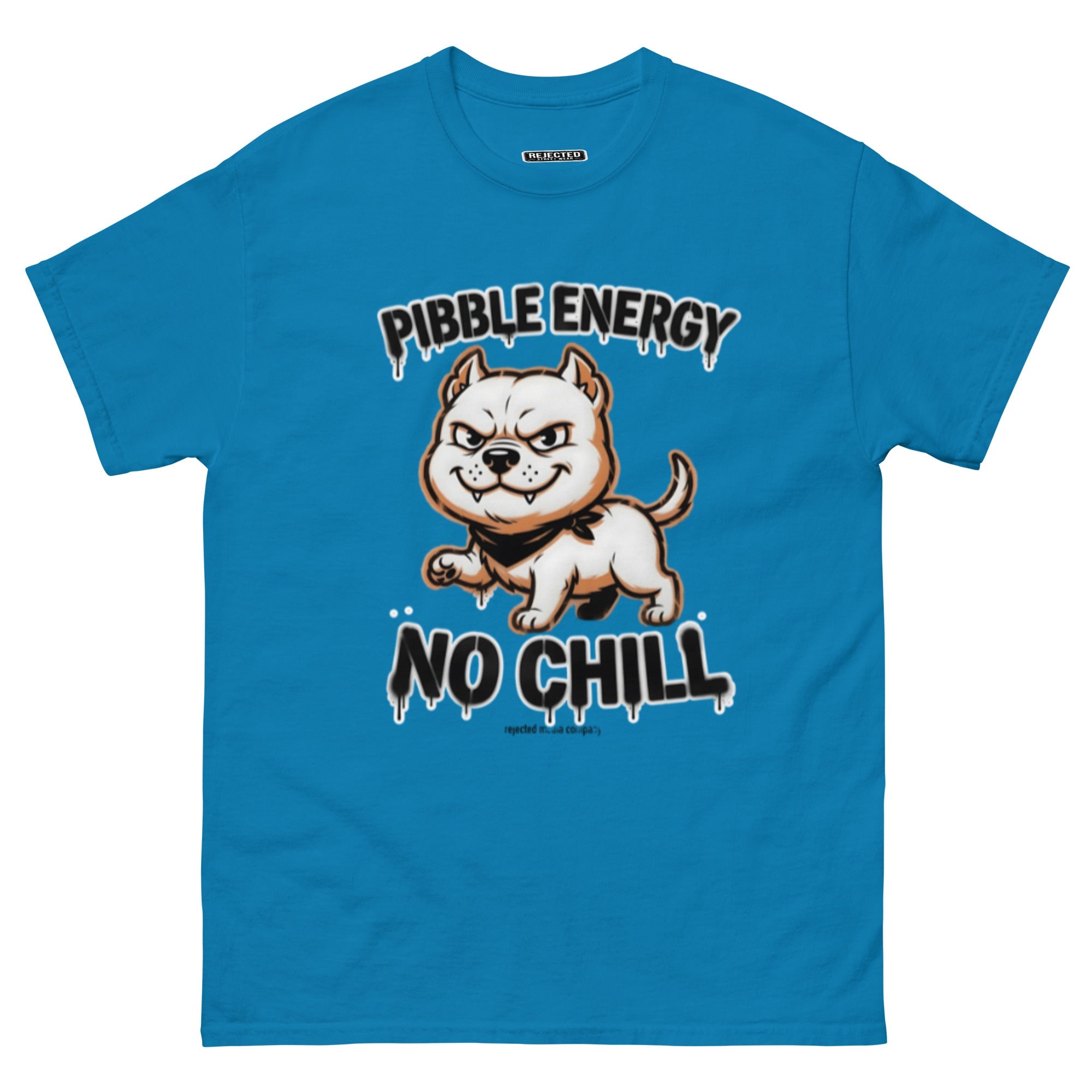 Pibble Energy No Chill tee — grinning bully pup at a dead sprint under graffiti lettering