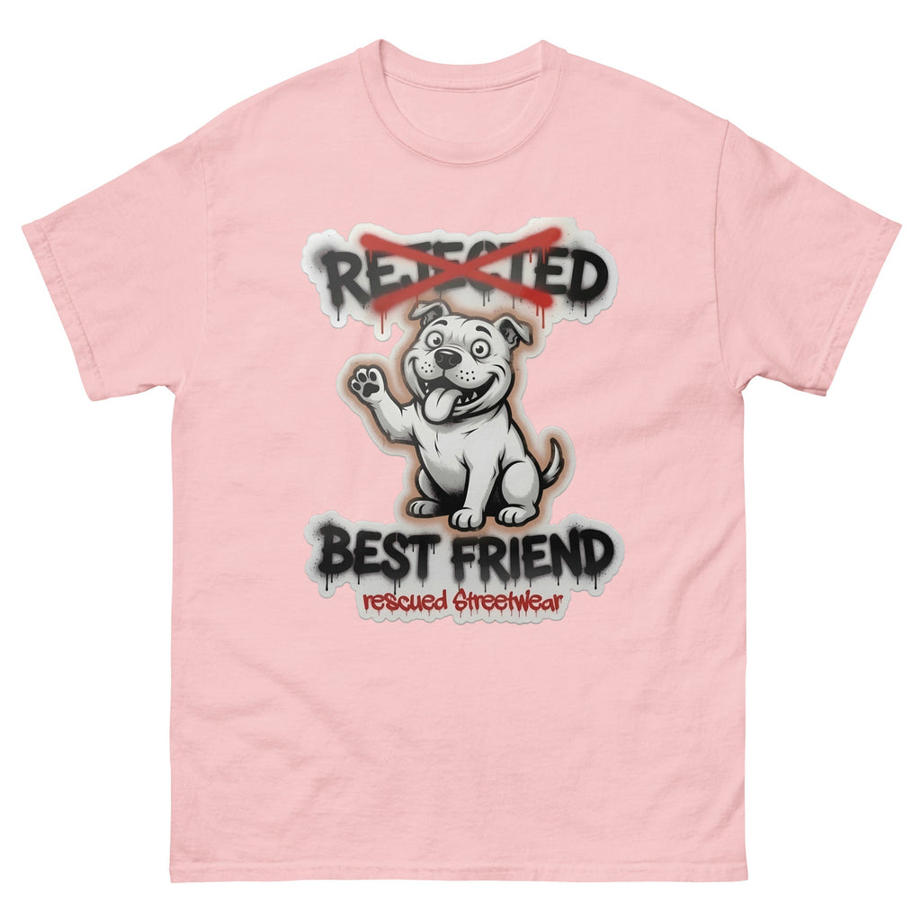 Best Friend pit bull tee — white bully pup waving a paw with REJECTED crossed out in red and BEST FRIEND sprayed below