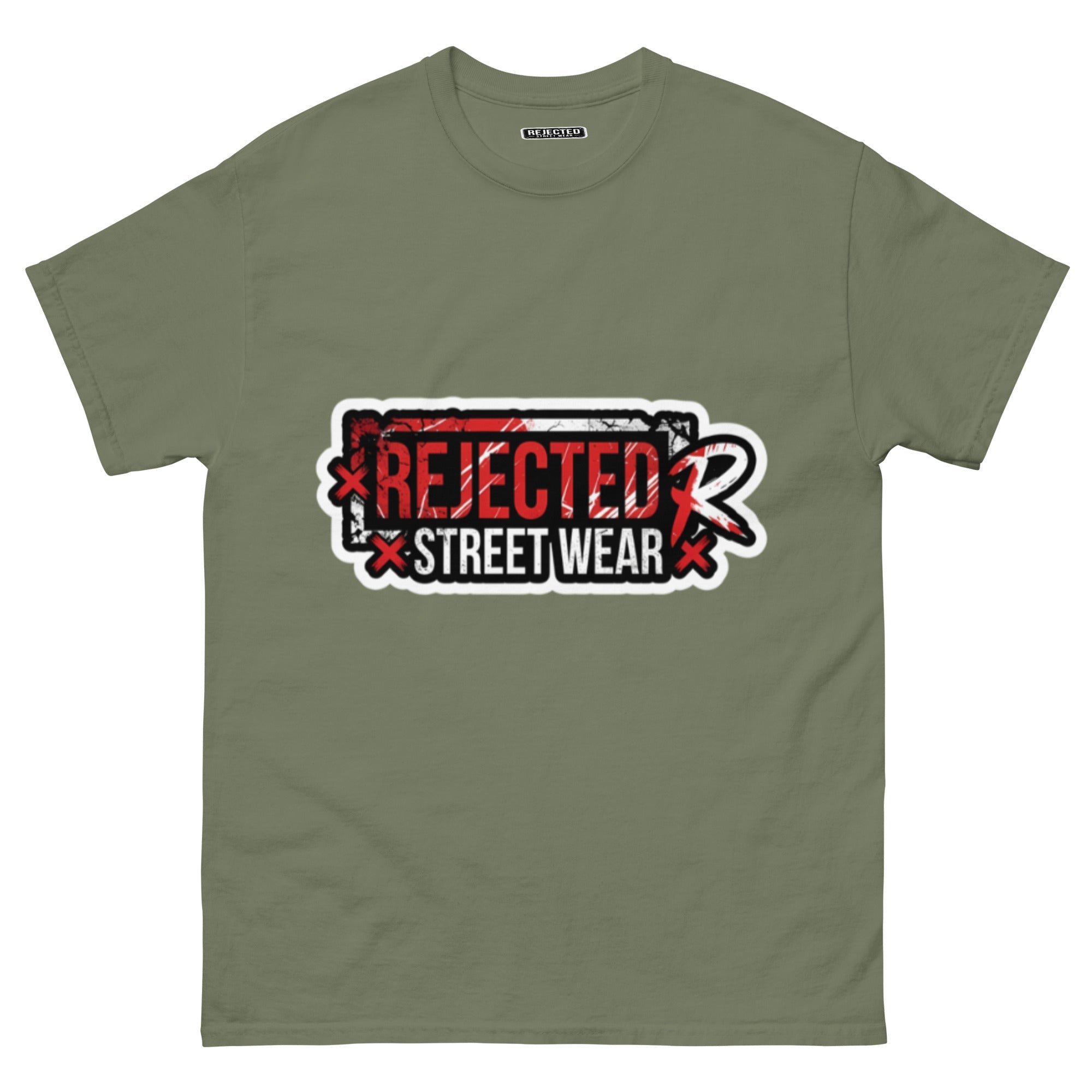 Rejected Street Wear red box logo tee — red-framed REJECTED STREET WEAR stamp with corner x marks and a red slash