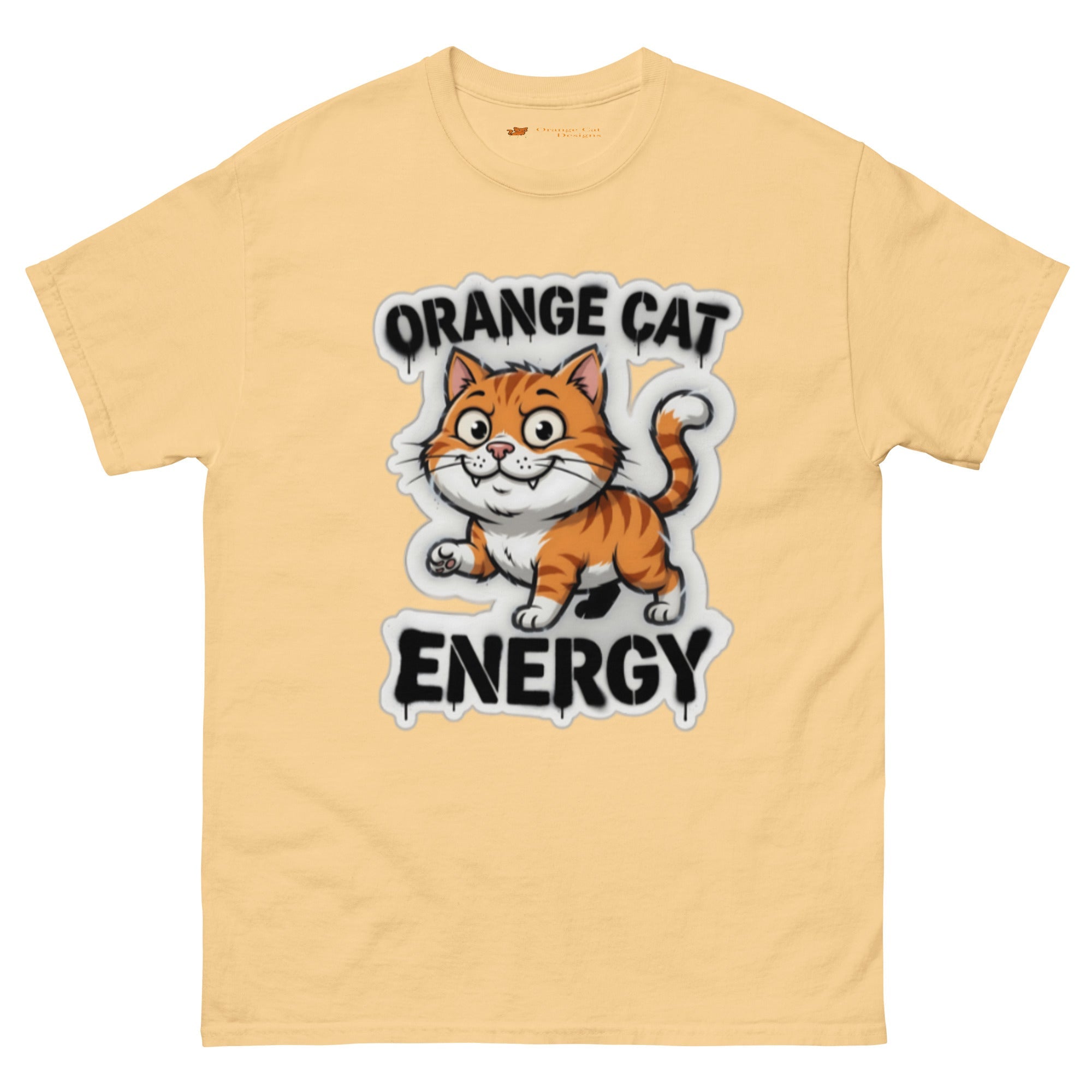 Orange Cat Energy tee — wide-eyed orange tabby mid-launch under drippy graffiti lettering