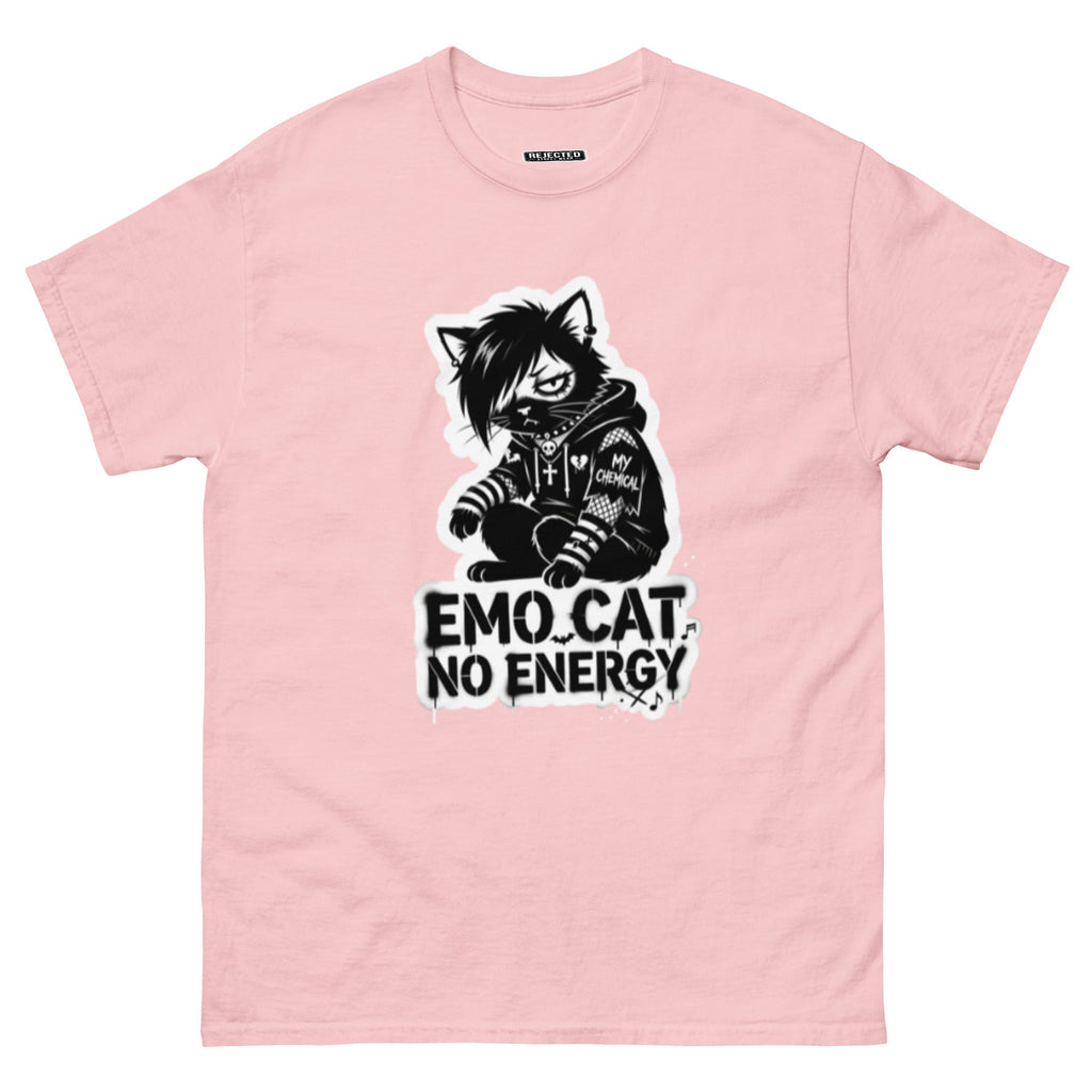 Emo Cat No Energy tee — grey cat with side-swept bangs and a patched hoodie under spray-paint lettering