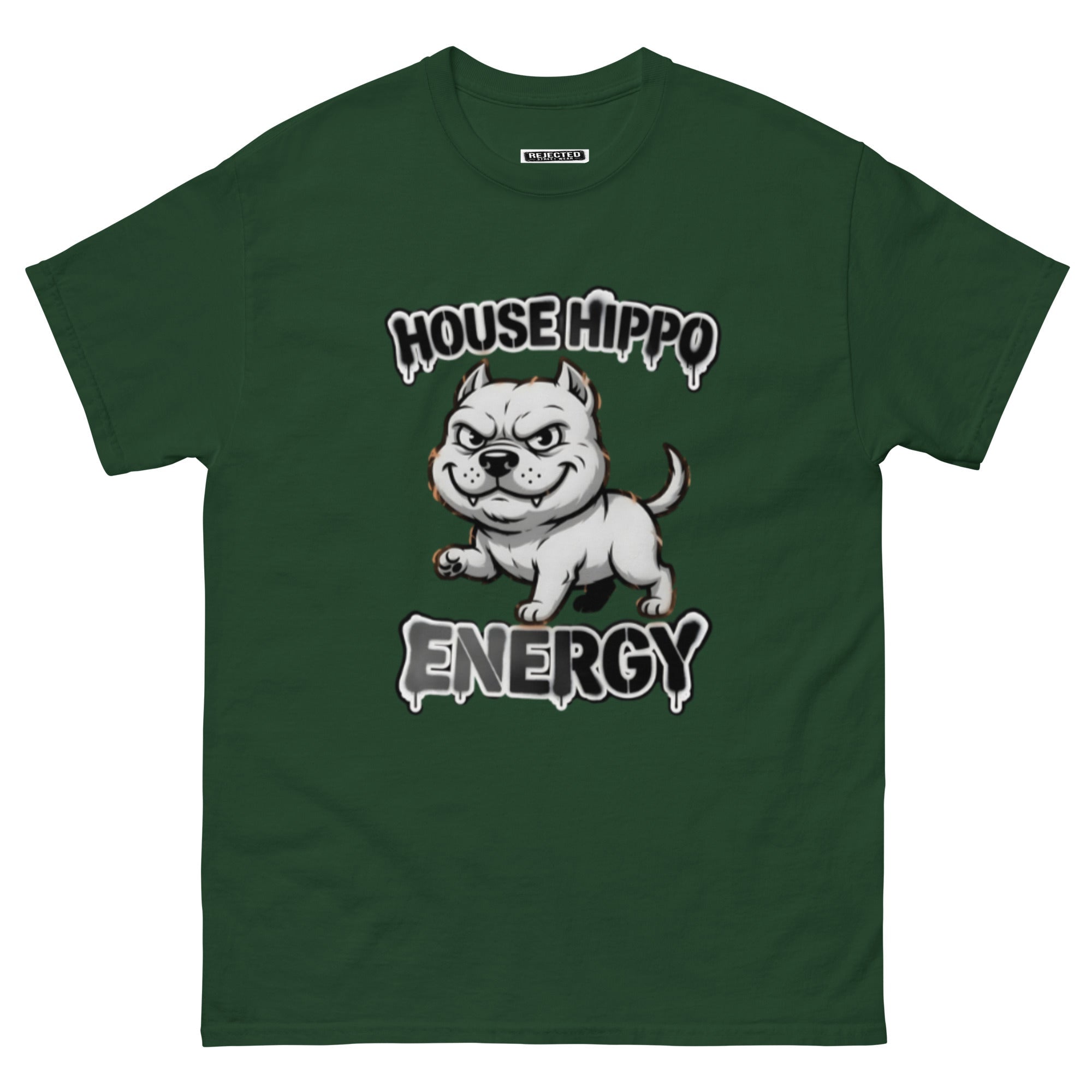 House Hippo Energy tee — stocky bully dog mid-stomp under drippy graffiti lettering